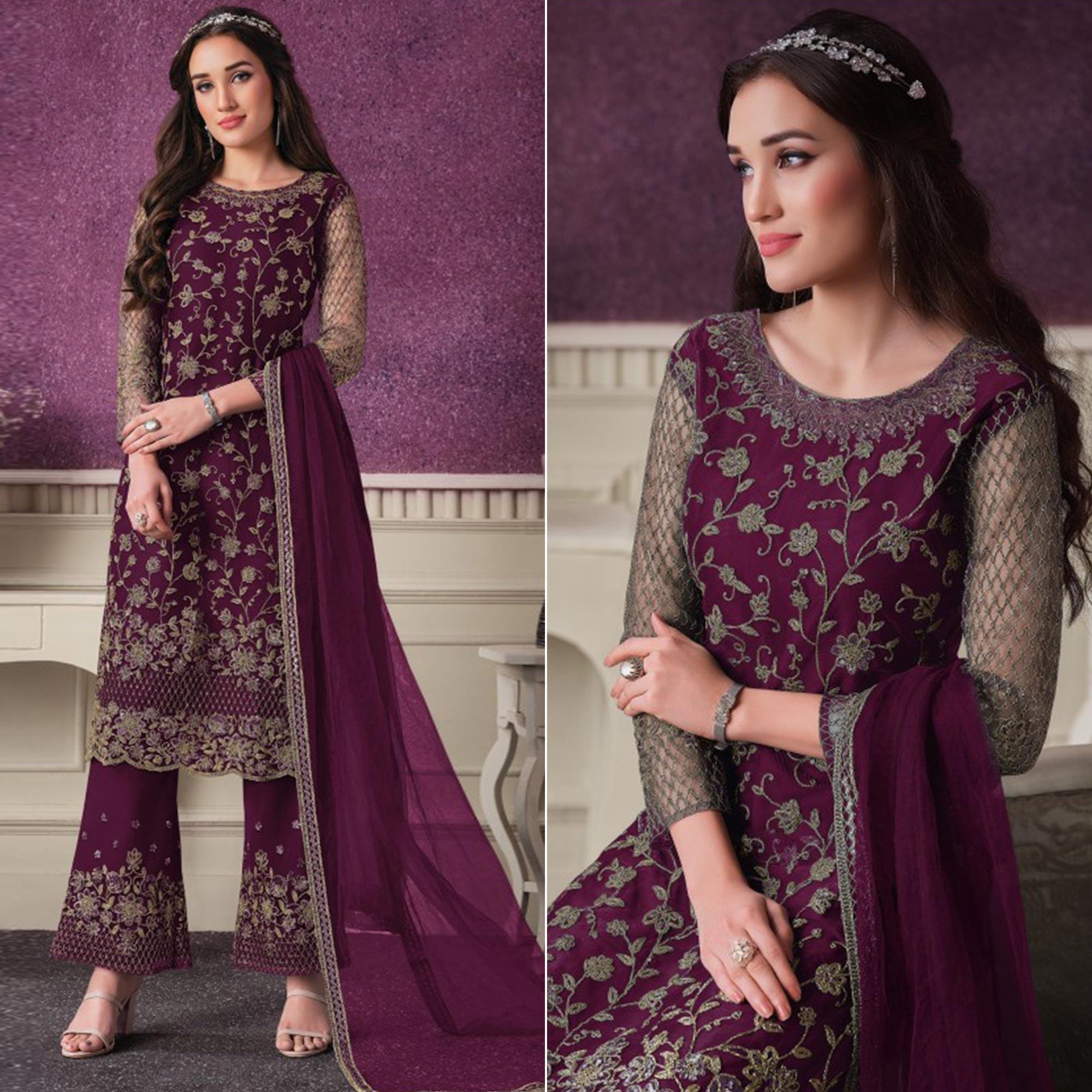 Purple Party Wear Embroidered Netted Palazzo Suit - Peachmode