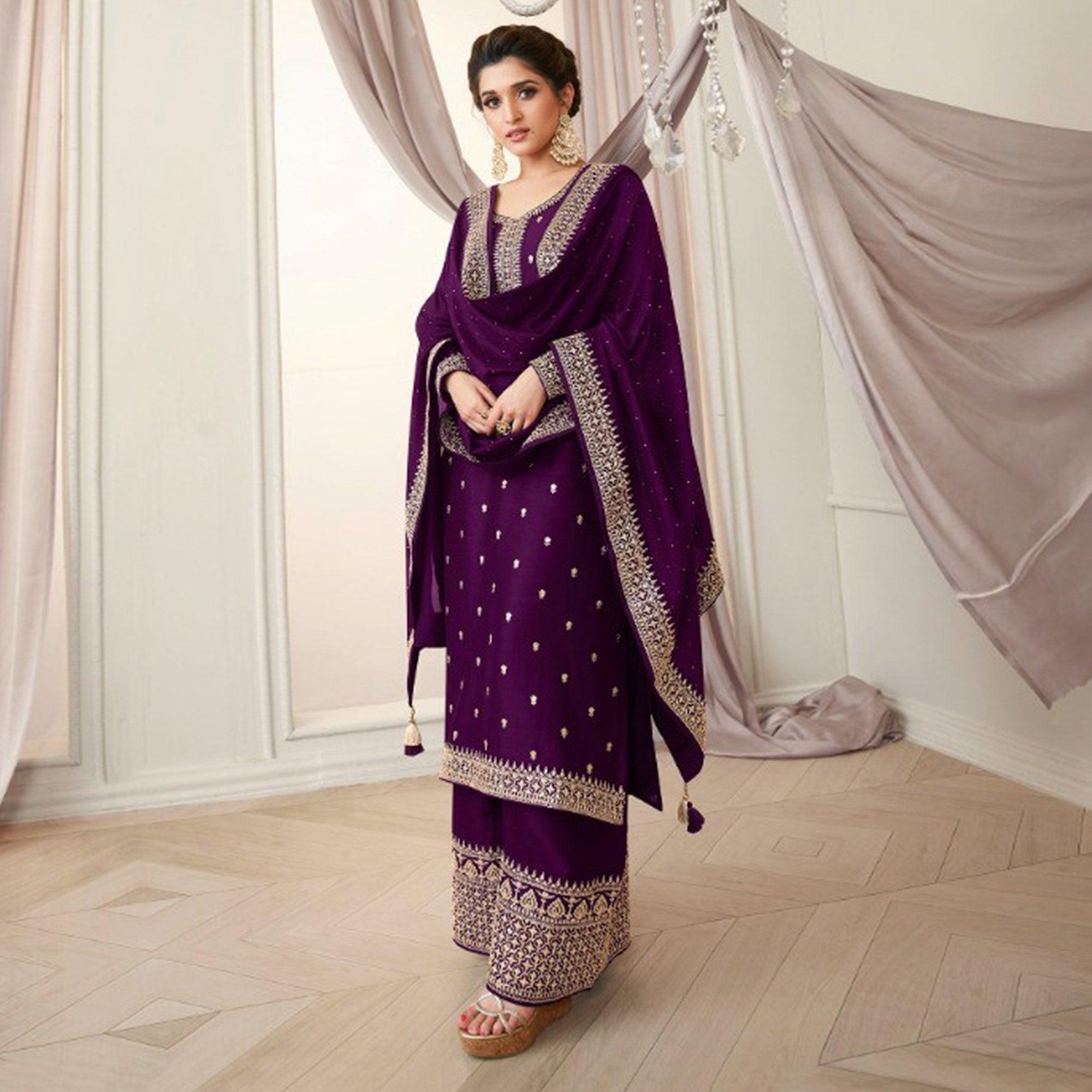 Purple Party Wear Embroidered Silk Georgette Palazzo Suit - Peachmode