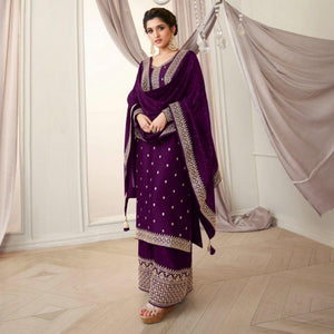 Purple Party Wear Embroidered Silk Georgette Palazzo Suit - Peachmode