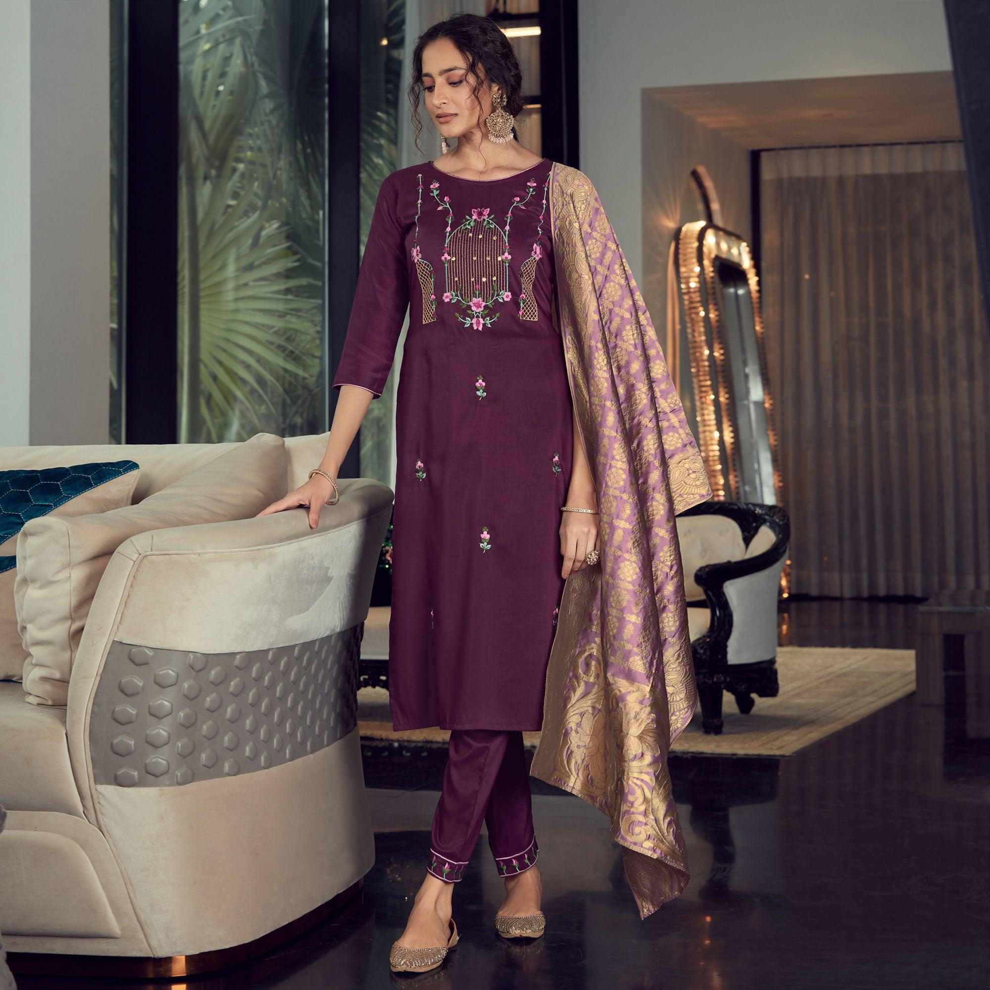 Purple Party Wear Embroidered Silk Kurti Pant Set With Banarasi Jacquard Dupatta - Peachmode