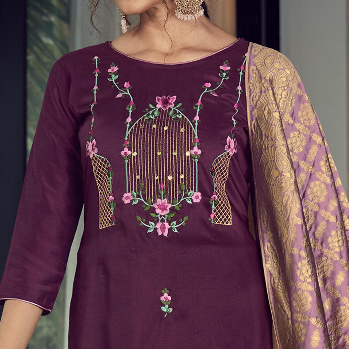 Purple Party Wear Embroidered Silk Kurti Pant Set With Banarasi Jacquard Dupatta - Peachmode