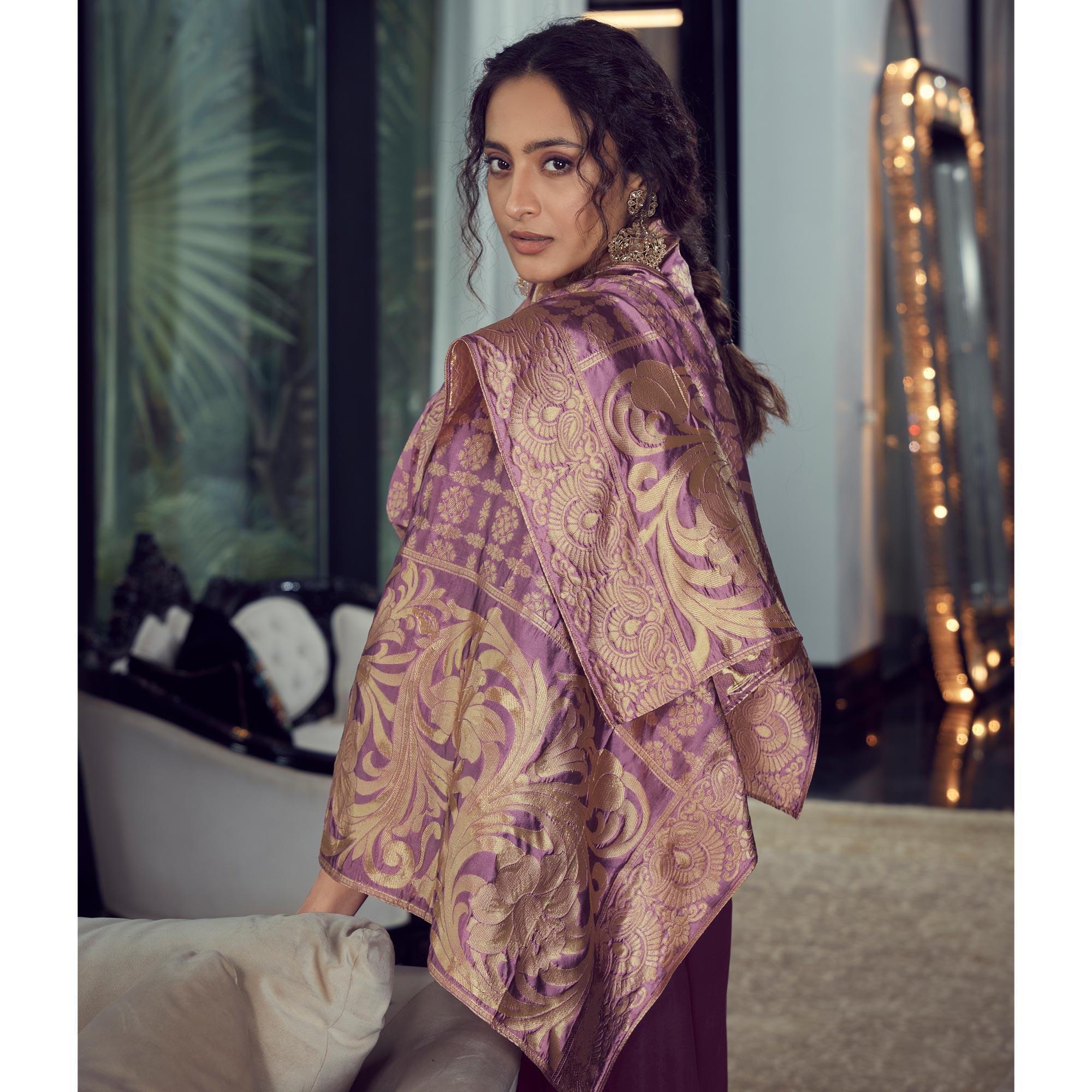 Purple Party Wear Embroidered Silk Kurti Pant Set With Banarasi Jacquard Dupatta - Peachmode