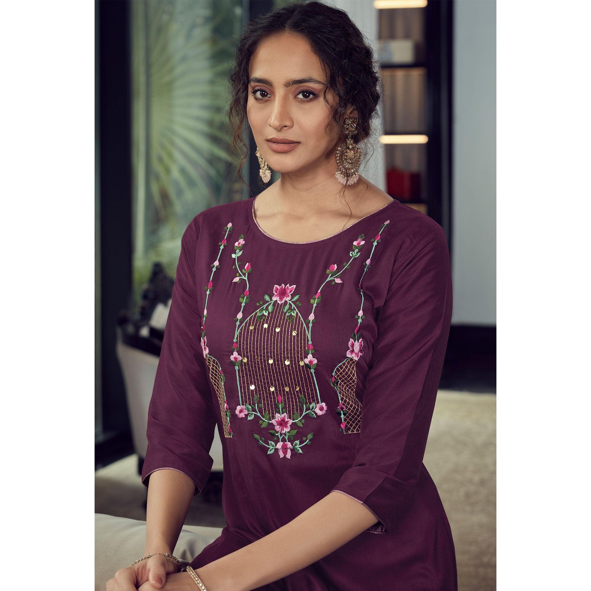 Purple Party Wear Embroidered Silk Kurti Pant Set With Banarasi Jacquard Dupatta - Peachmode