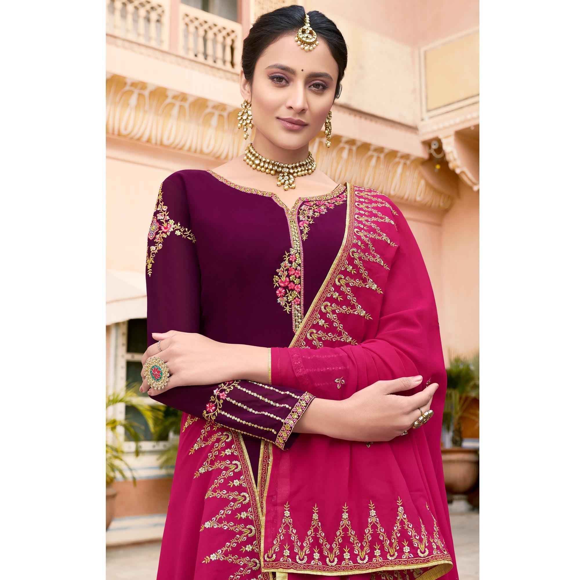Purple Party Wear Embroidery Soft Georgette Palazzo Suit - Peachmode
