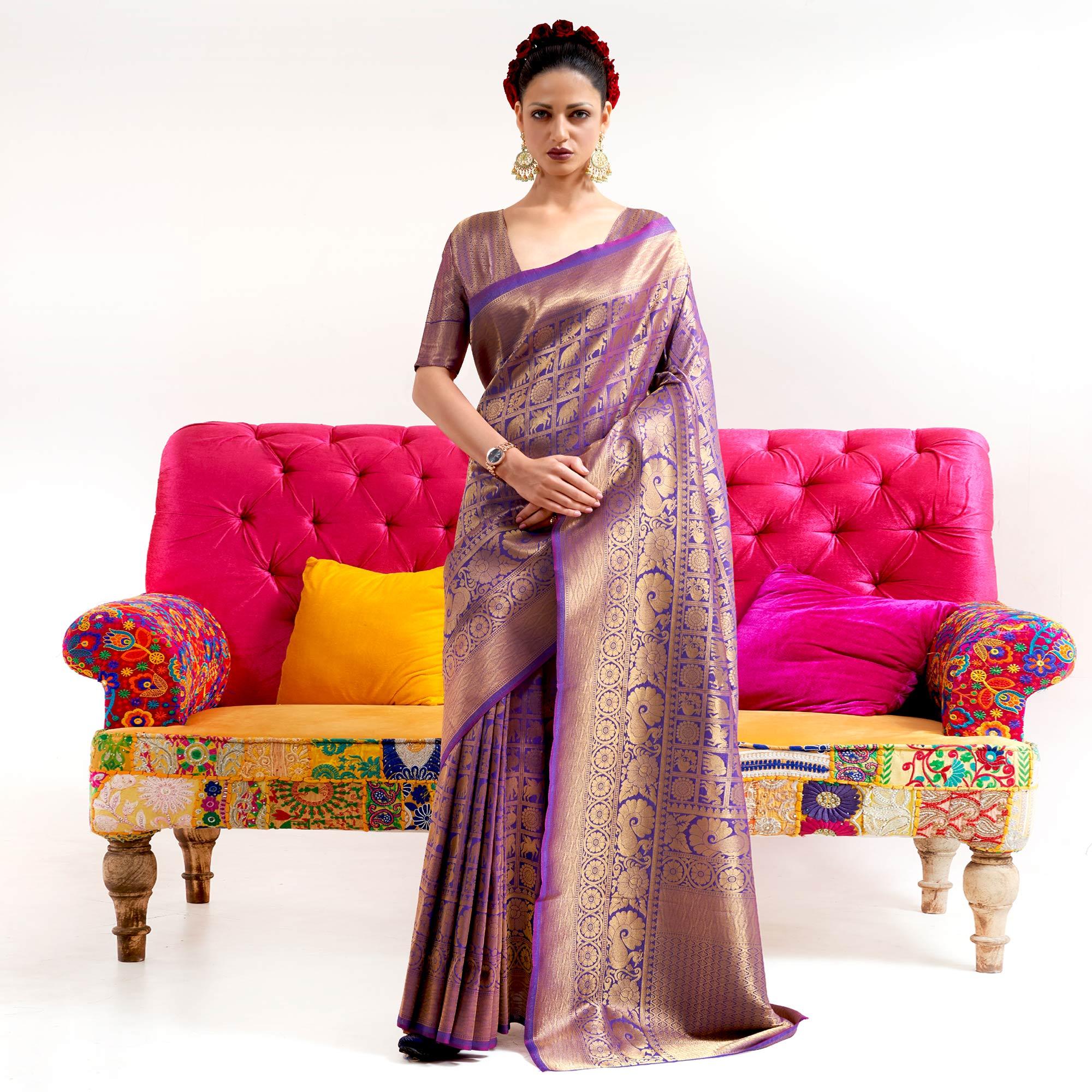 Purple Partywear Banarasi Woven Silk Saree - Peachmode