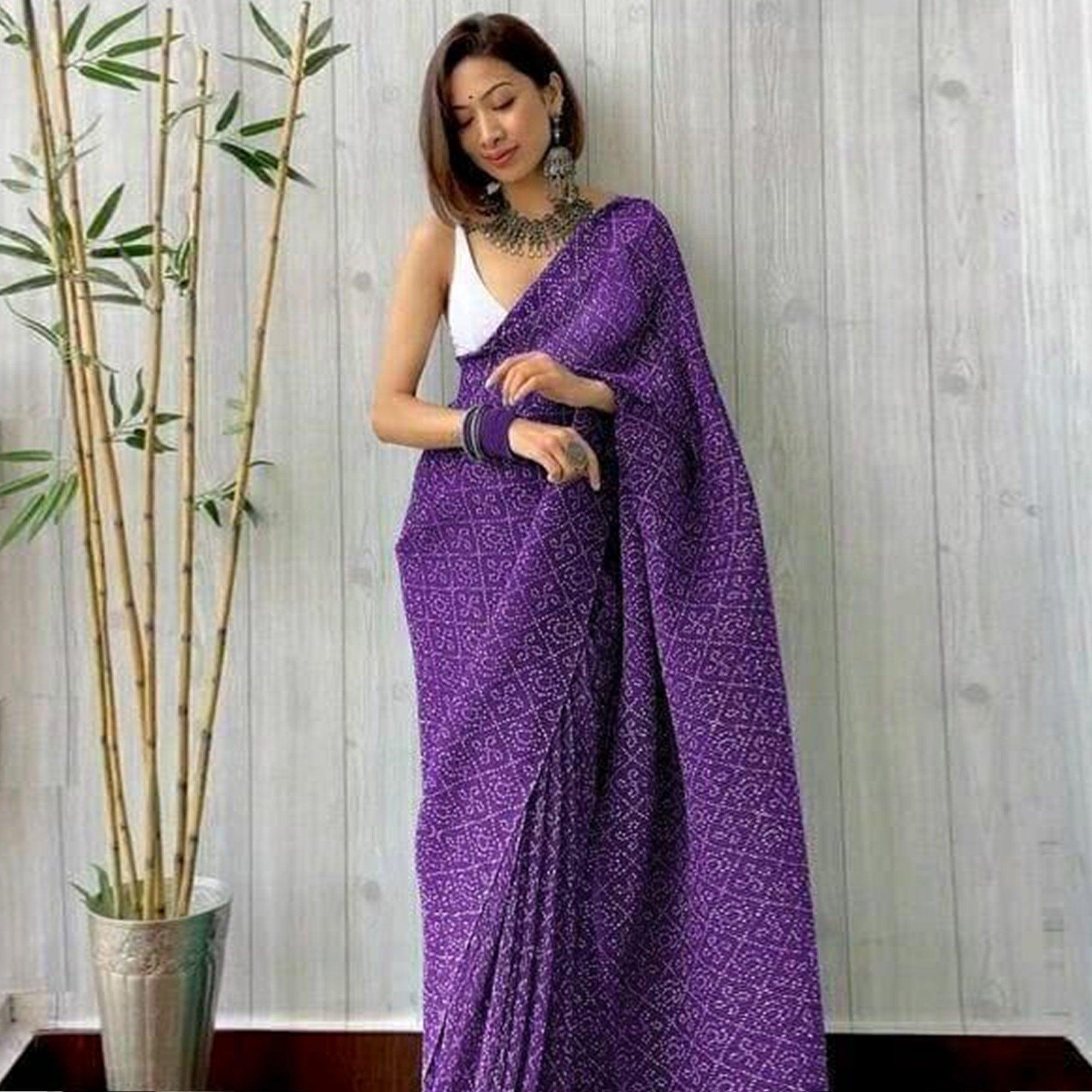 Purple Partywear Bandhani Printed Georgette Saree - Peachmode