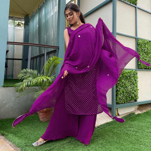 Purple Partywear Designer Embroidered Georgette Palazzo Suit - Peachmode