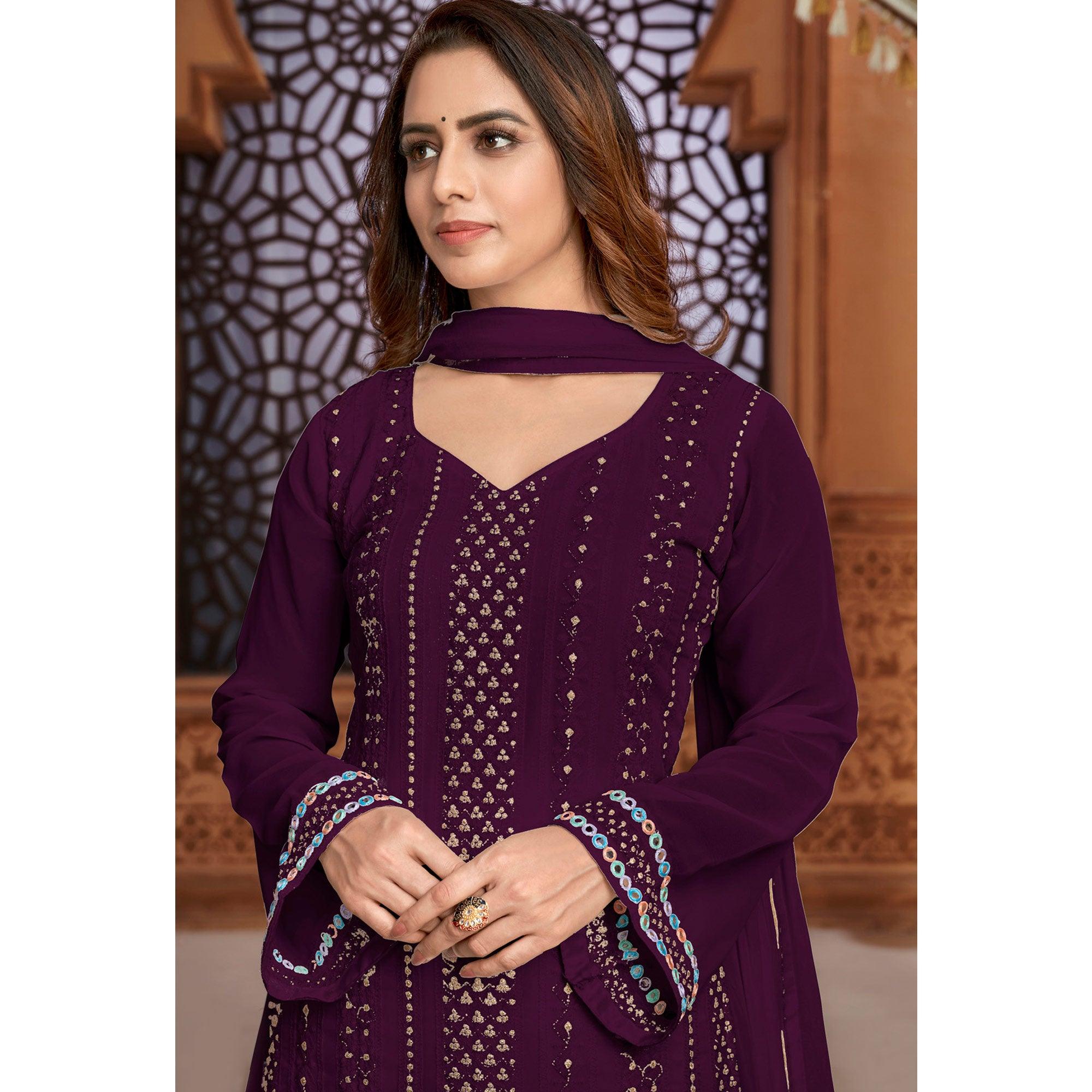 Purple Partywear Designer Embroidered Heavy Faux Georgette Palazzo Suit - Peachmode