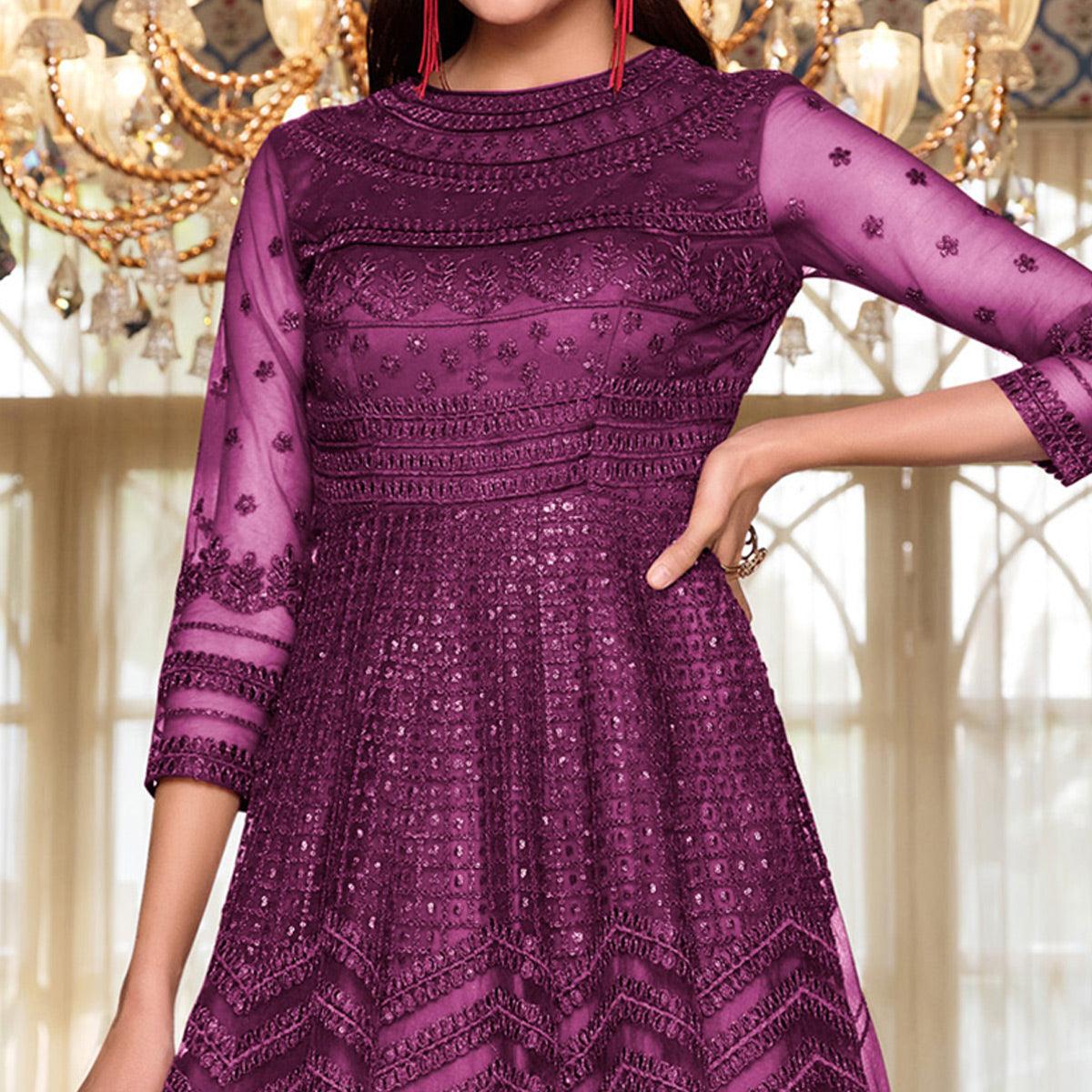Purple Partywear Designer Embroidery Heavy Butterfly Net Anarkali Suit - Peachmode