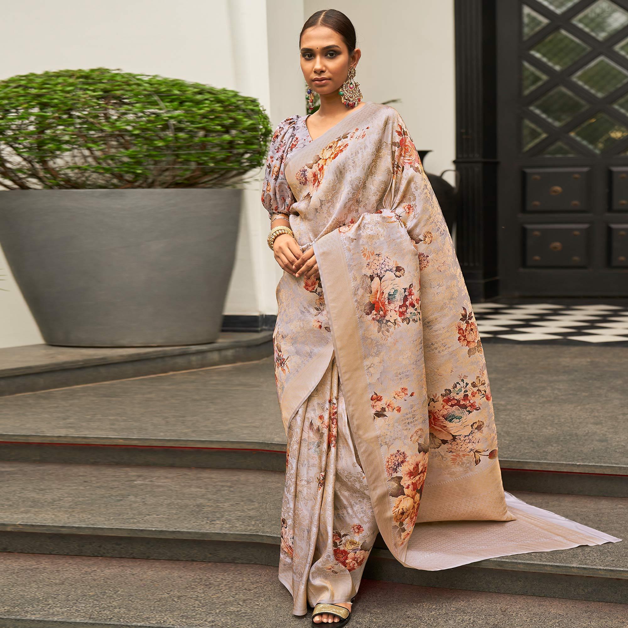 Purple Partywear Digital Printed Silk Saree - Peachmode