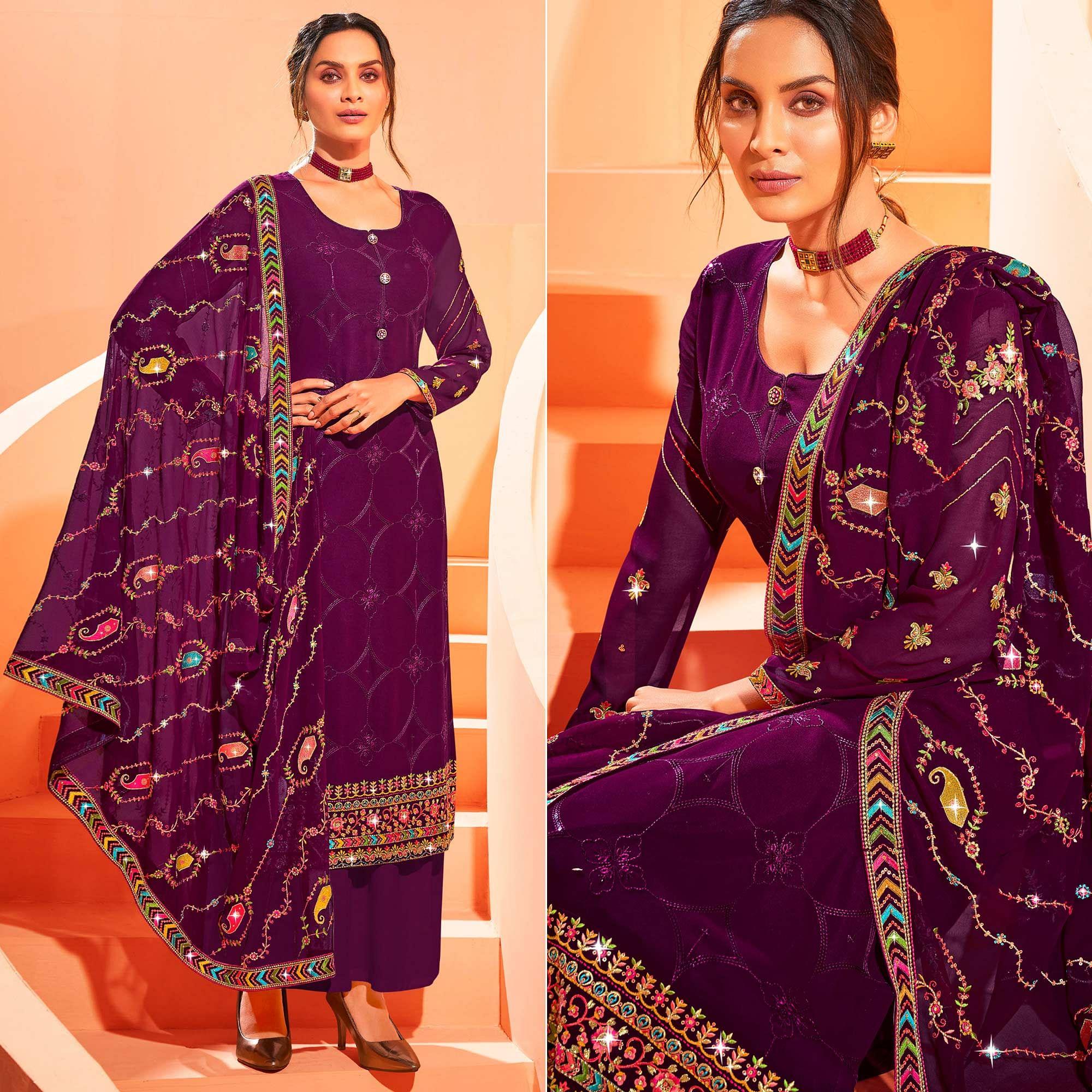 Purple Partywear Embellished With Embroidered Georgette Palazzo Suit - Peachmode