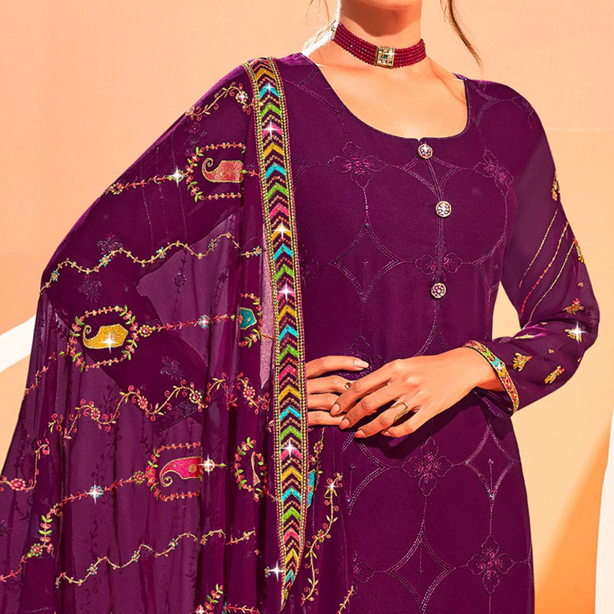 Purple Partywear Embellished With Embroidered Georgette Palazzo Suit - Peachmode