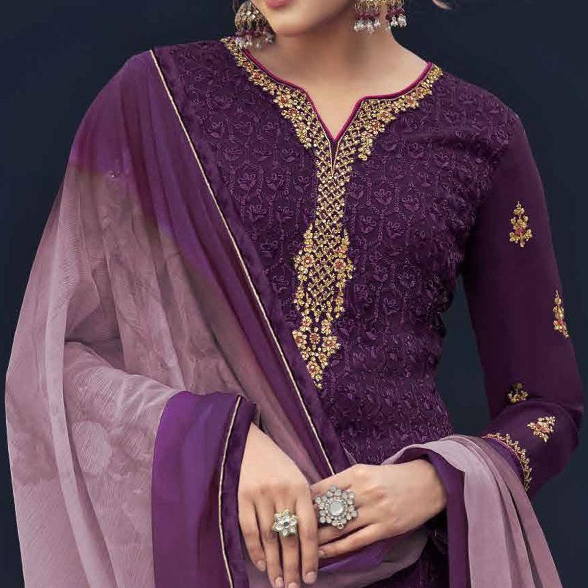Purple Partywear Embroidered & Embellished Faux Georgette Salwar Suit - Peachmode