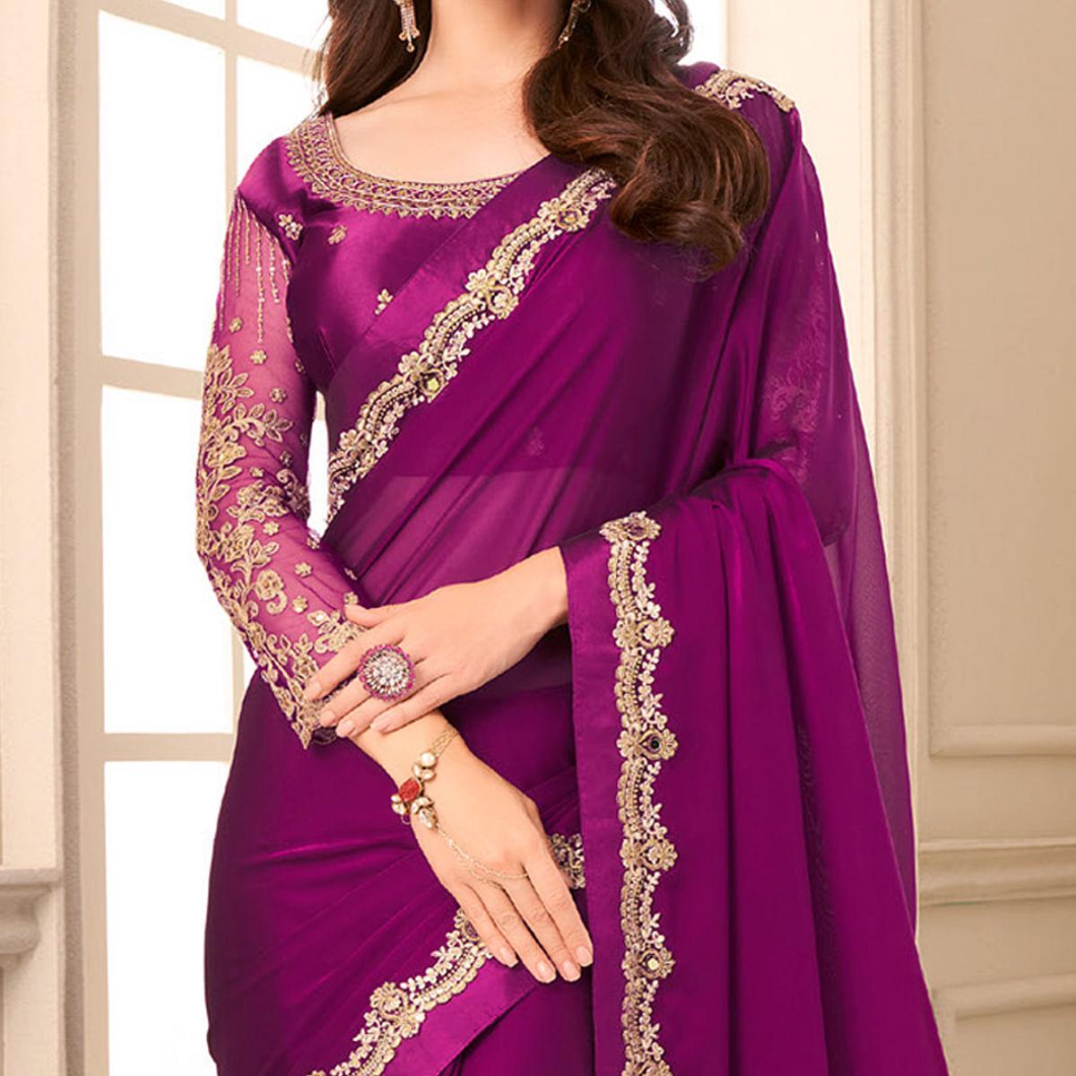 Purple Partywear Embroidered & Embellished Georgette Saree - Peachmode