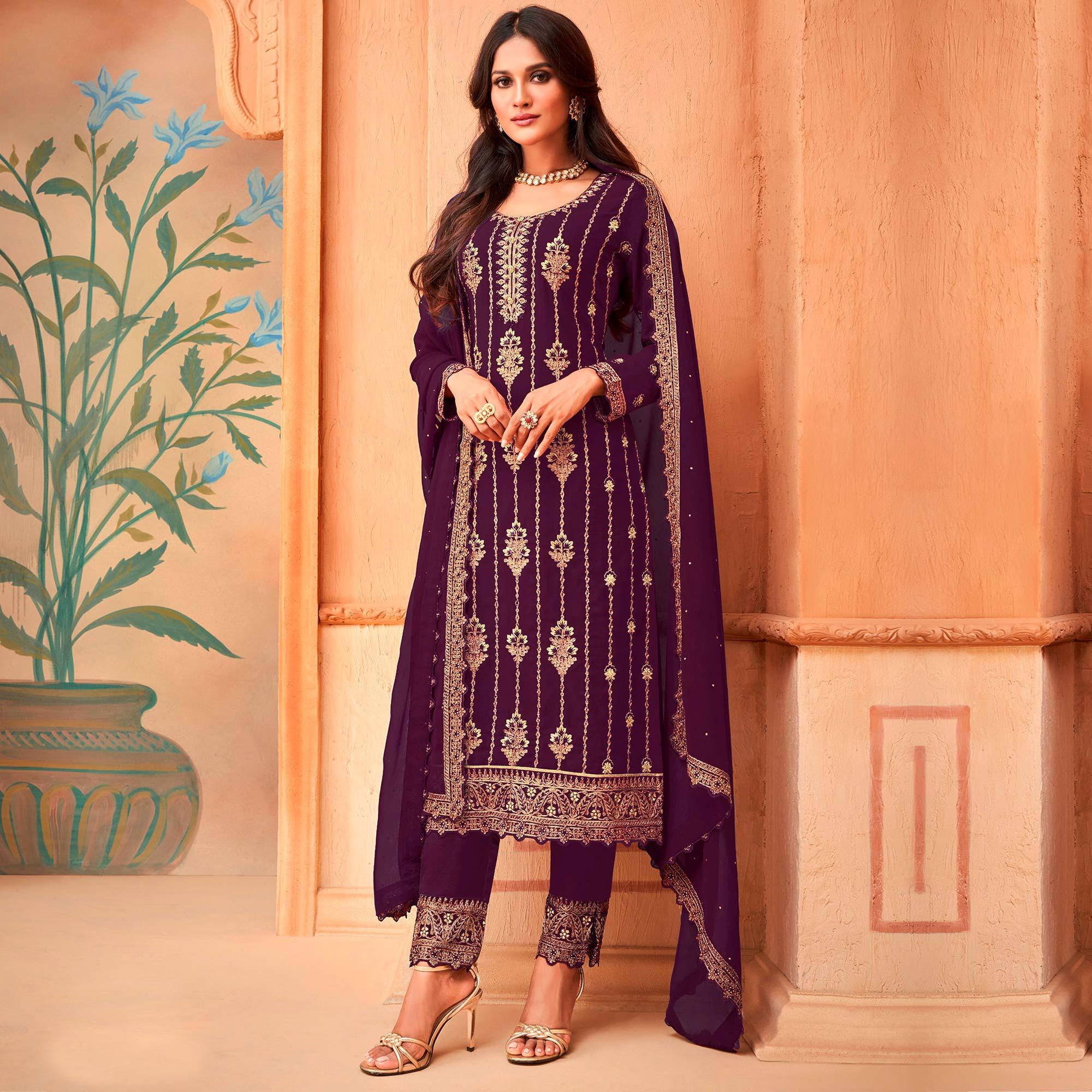 Purple Partywear Embroidered & Sequence Work Faux Georgette Salwar Suit - Peachmode