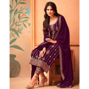 Purple Partywear Embroidered & Sequence Work Faux Georgette Salwar Suit - Peachmode