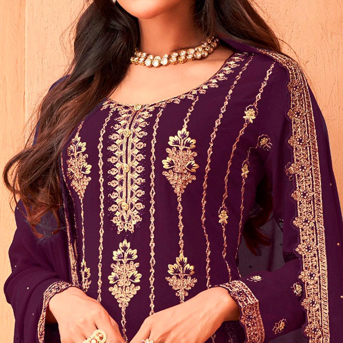 Purple Partywear Embroidered & Sequence Work Faux Georgette Salwar Suit - Peachmode