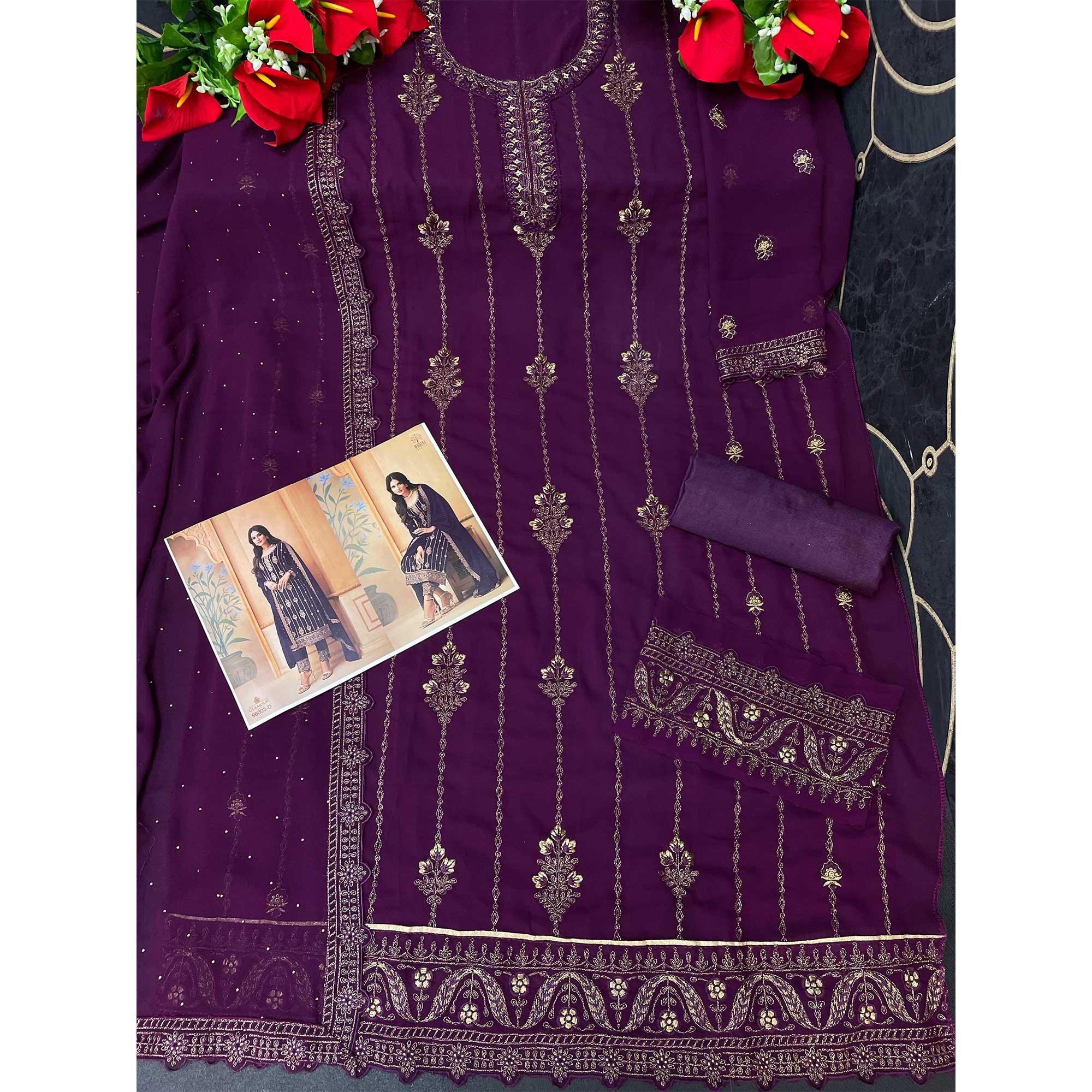Purple Partywear Embroidered & Sequence Work Faux Georgette Salwar Suit - Peachmode