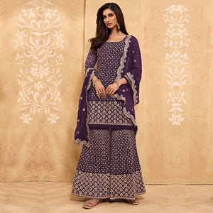 Purple Partywear Embroidered Faux Georgette Palazzo Suit - Peachmode