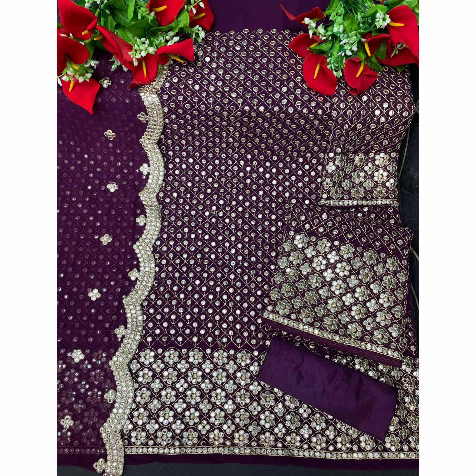 Purple Partywear Embroidered Faux Georgette Palazzo Suit - Peachmode
