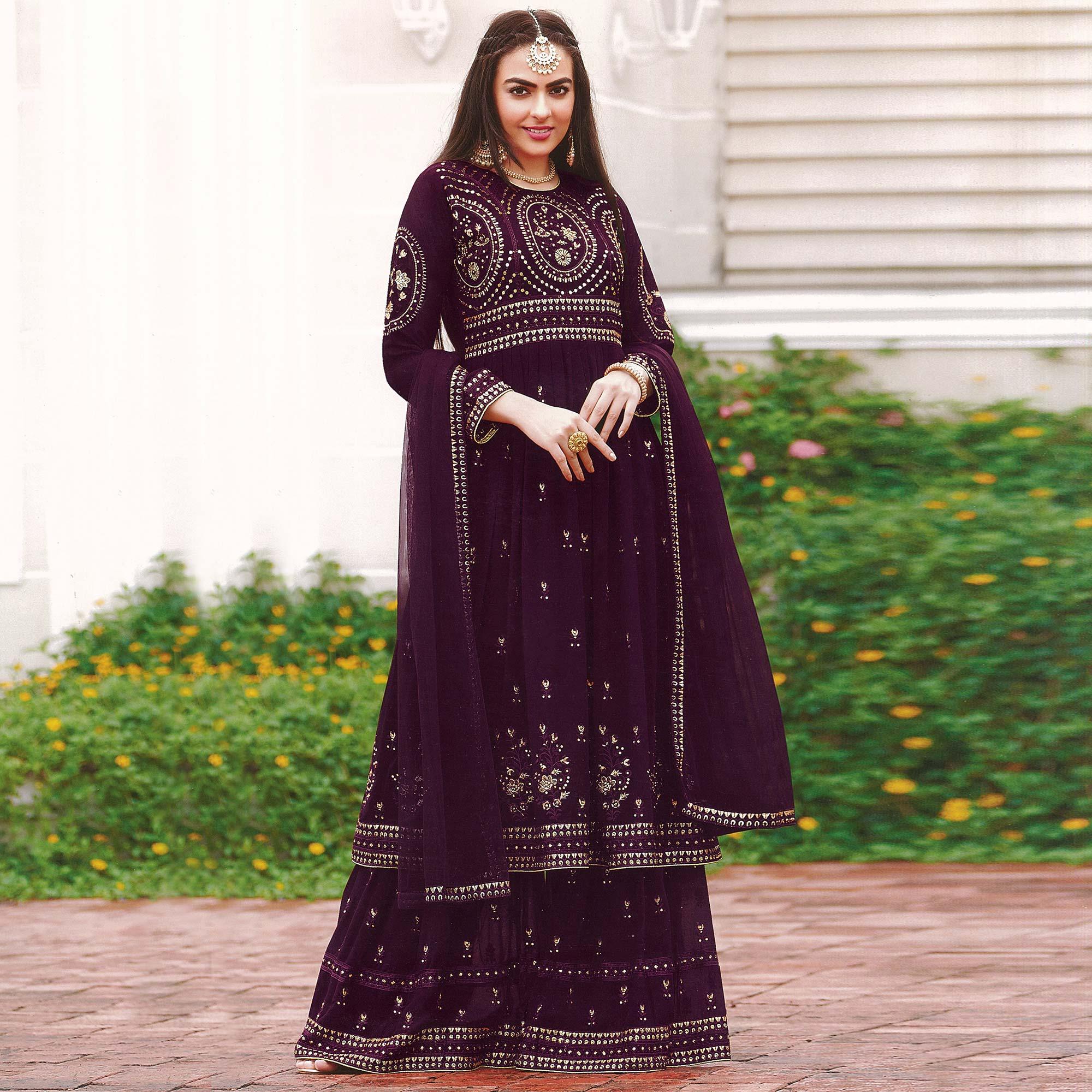 Purple Partywear Embroidered Faux Georgette Salwar Suit - Peachmode