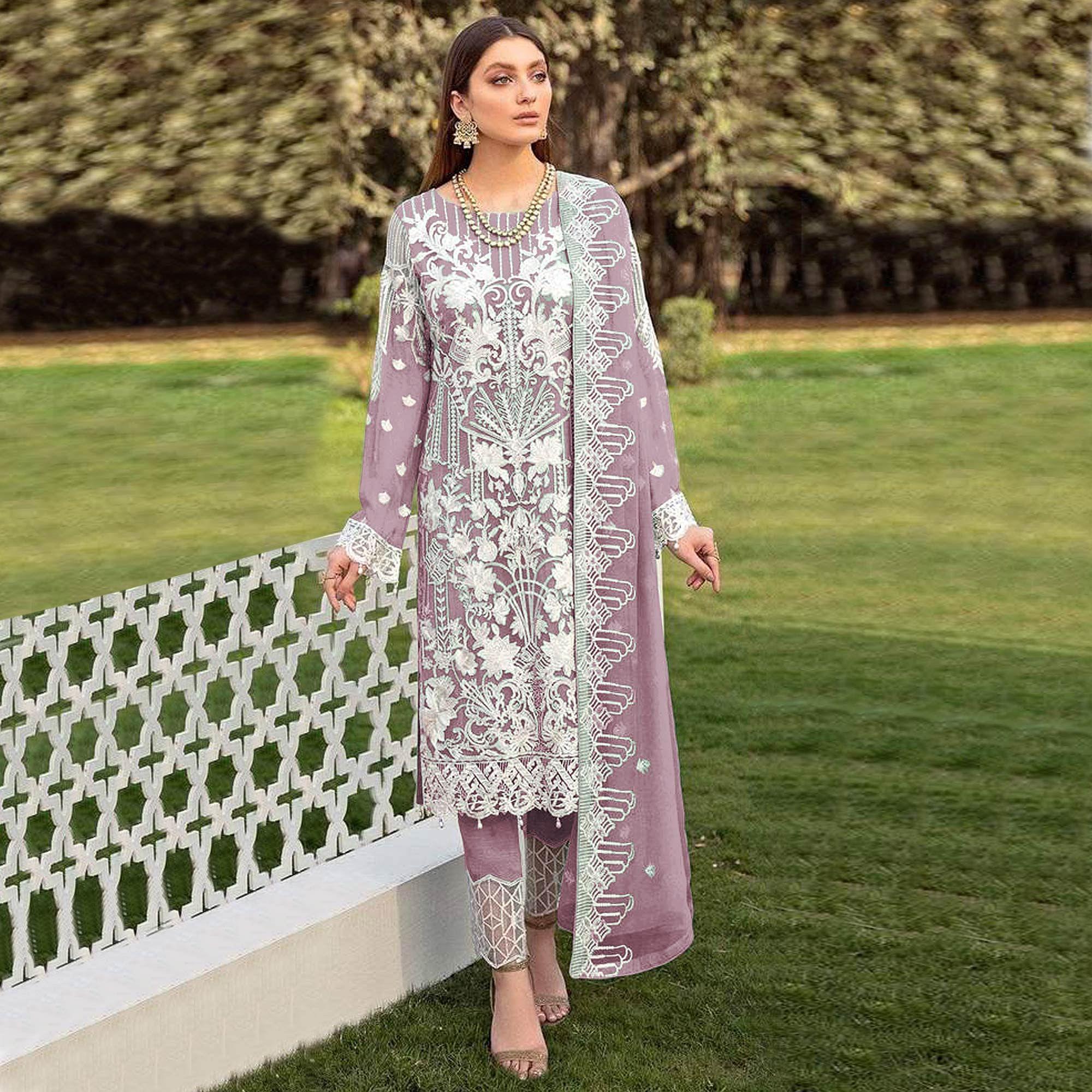 Purple Partywear Embroidered Faux Georgette Straight Pakistani Suit - Peachmode