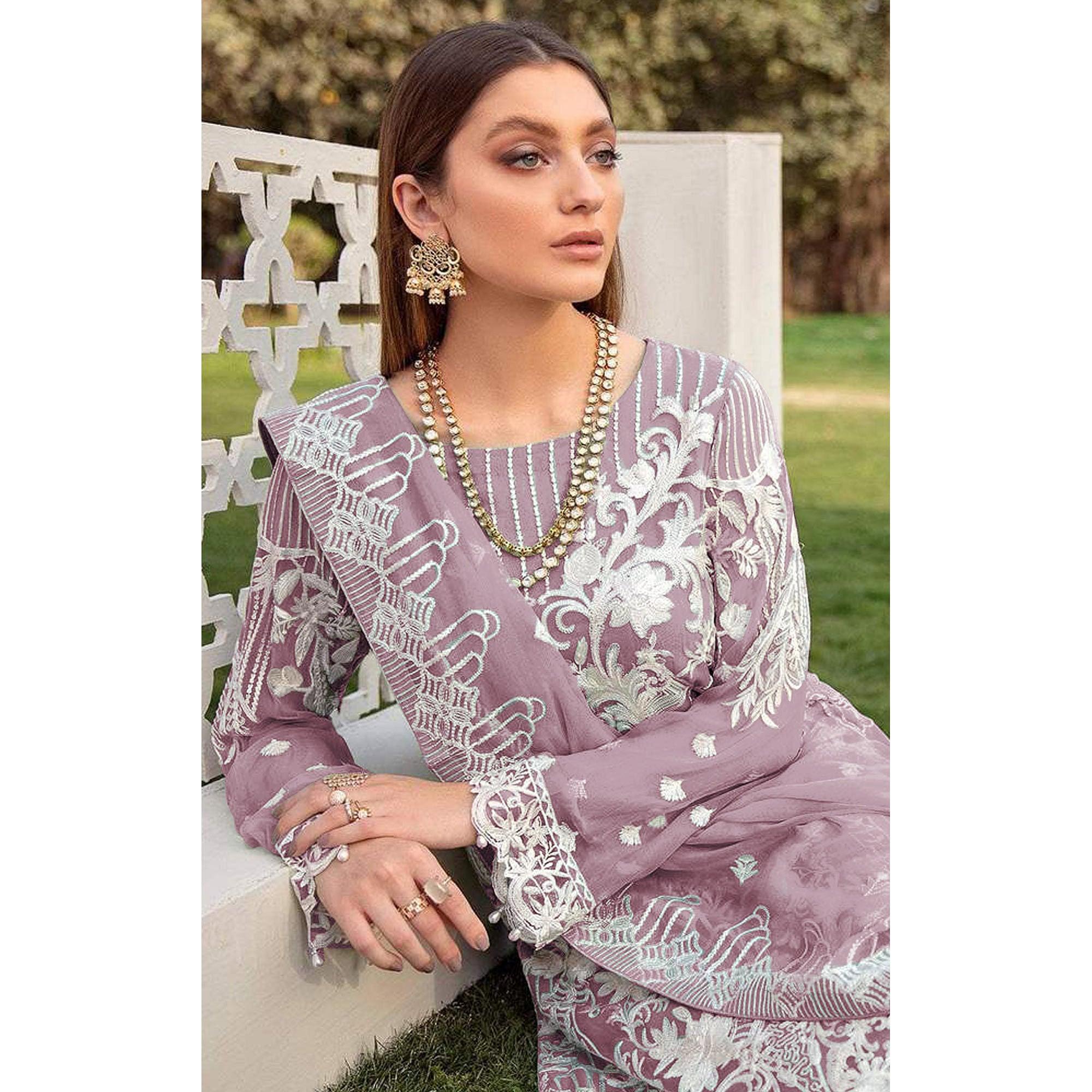 Purple Partywear Embroidered Faux Georgette Straight Pakistani Suit - Peachmode