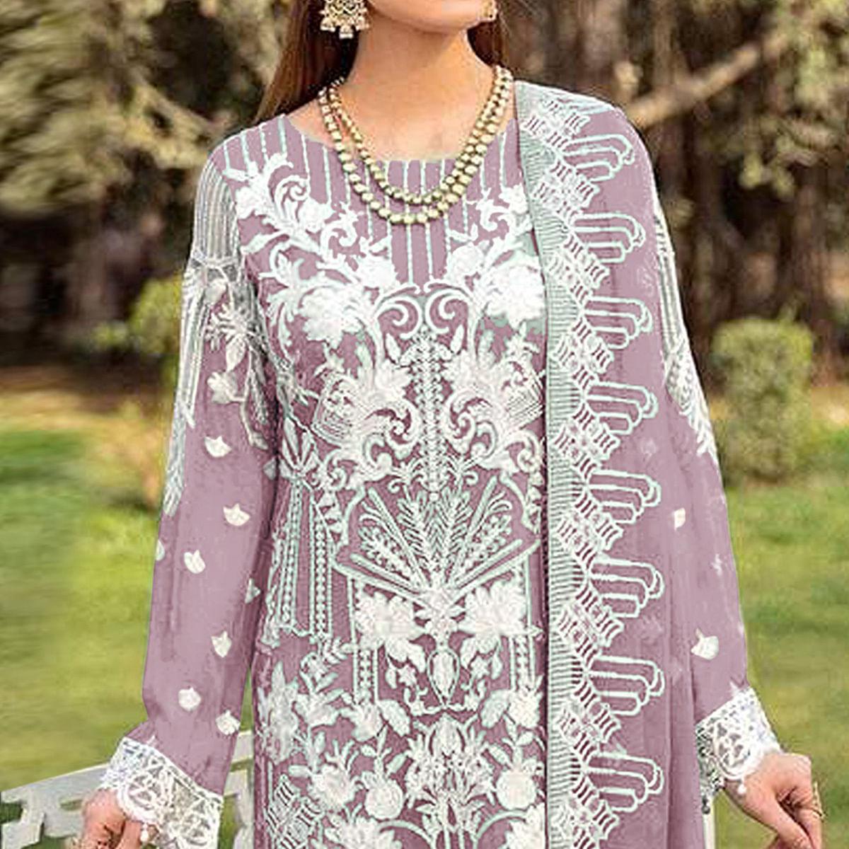 Purple Partywear Embroidered Faux Georgette Straight Pakistani Suit - Peachmode