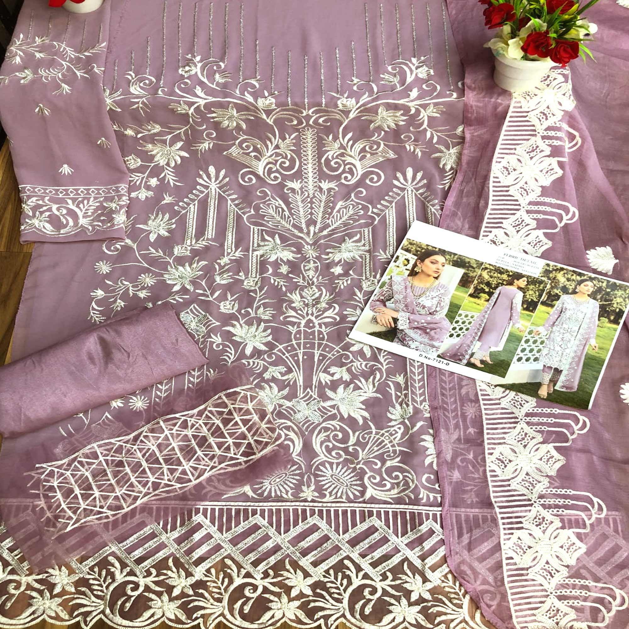 Purple Partywear Embroidered Faux Georgette Straight Pakistani Suit - Peachmode