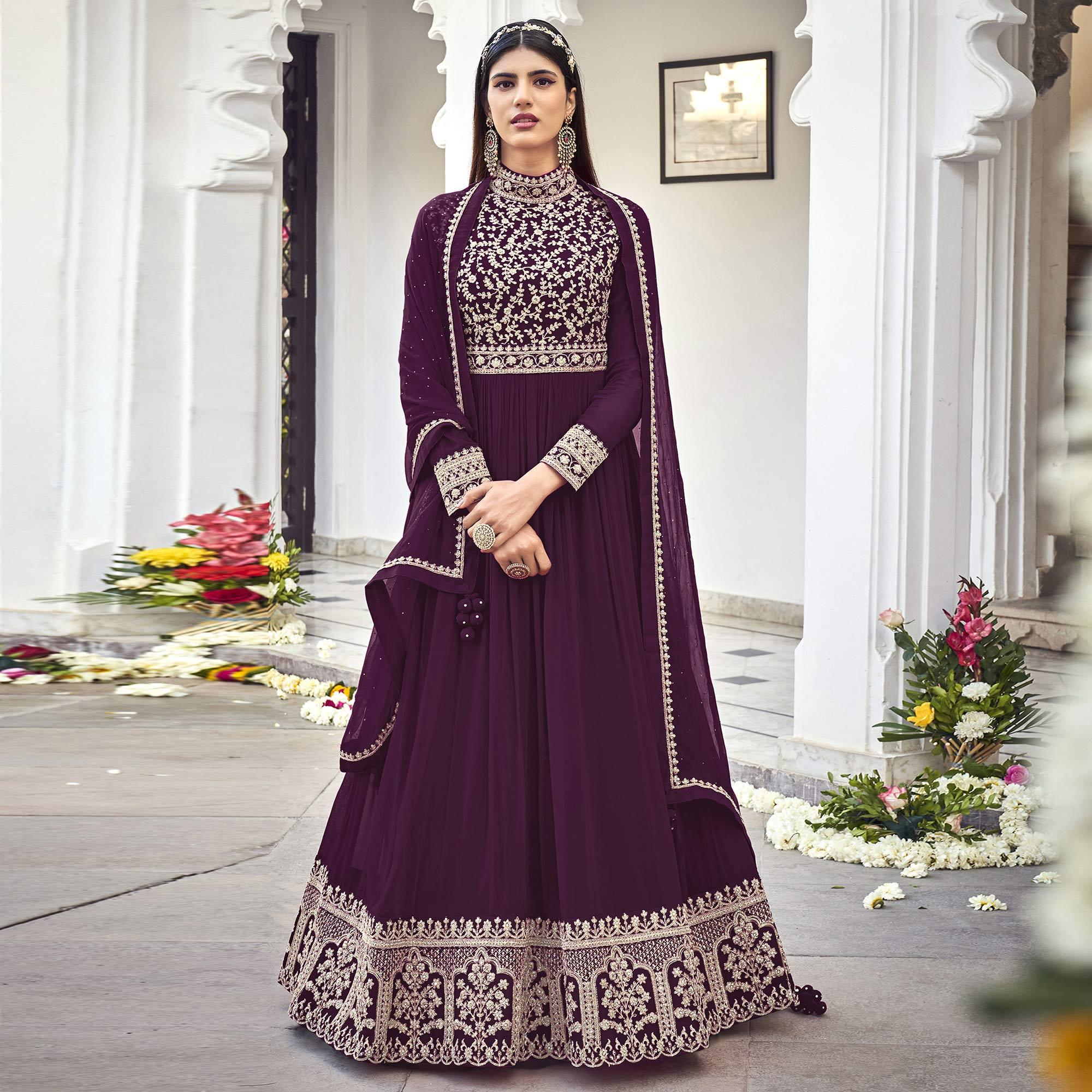 Purple Partywear Embroidered Georgette Anarkali Suit - Peachmode