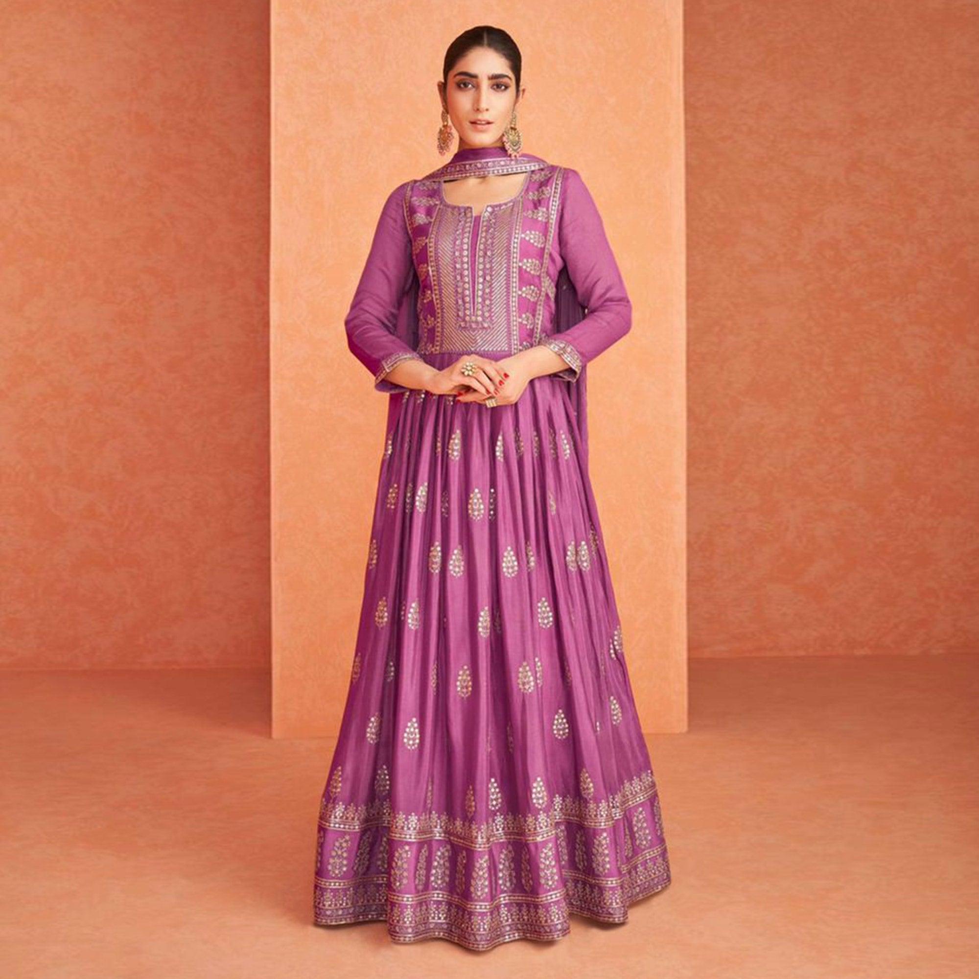 Purple Partywear Embroidered Georgette Anarkali Suit - Peachmode