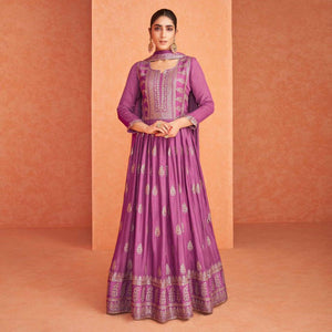 Purple Partywear Embroidered Georgette Anarkali Suit - Peachmode