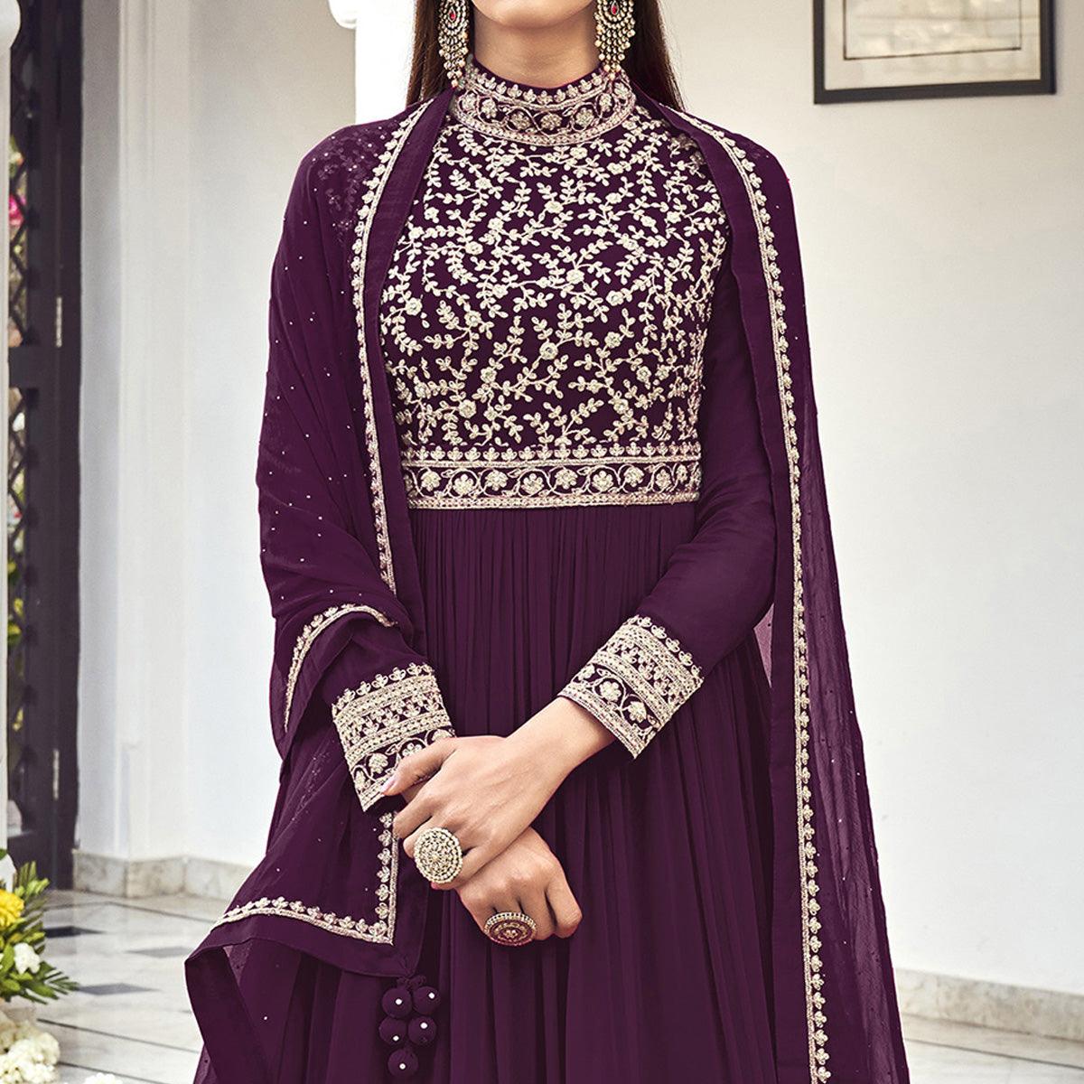 Purple Partywear Embroidered Georgette Anarkali Suit - Peachmode
