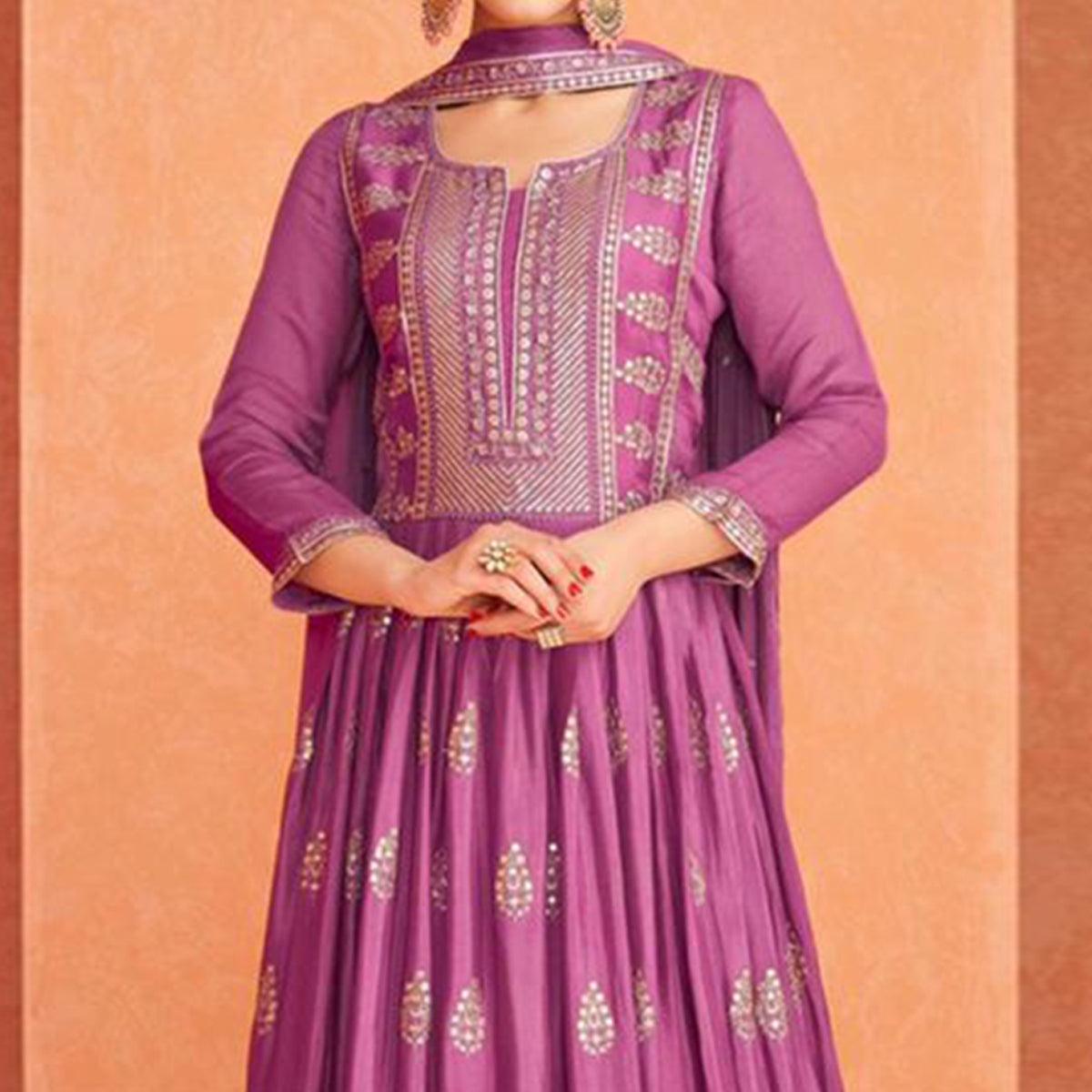 Purple Partywear Embroidered Georgette Anarkali Suit - Peachmode