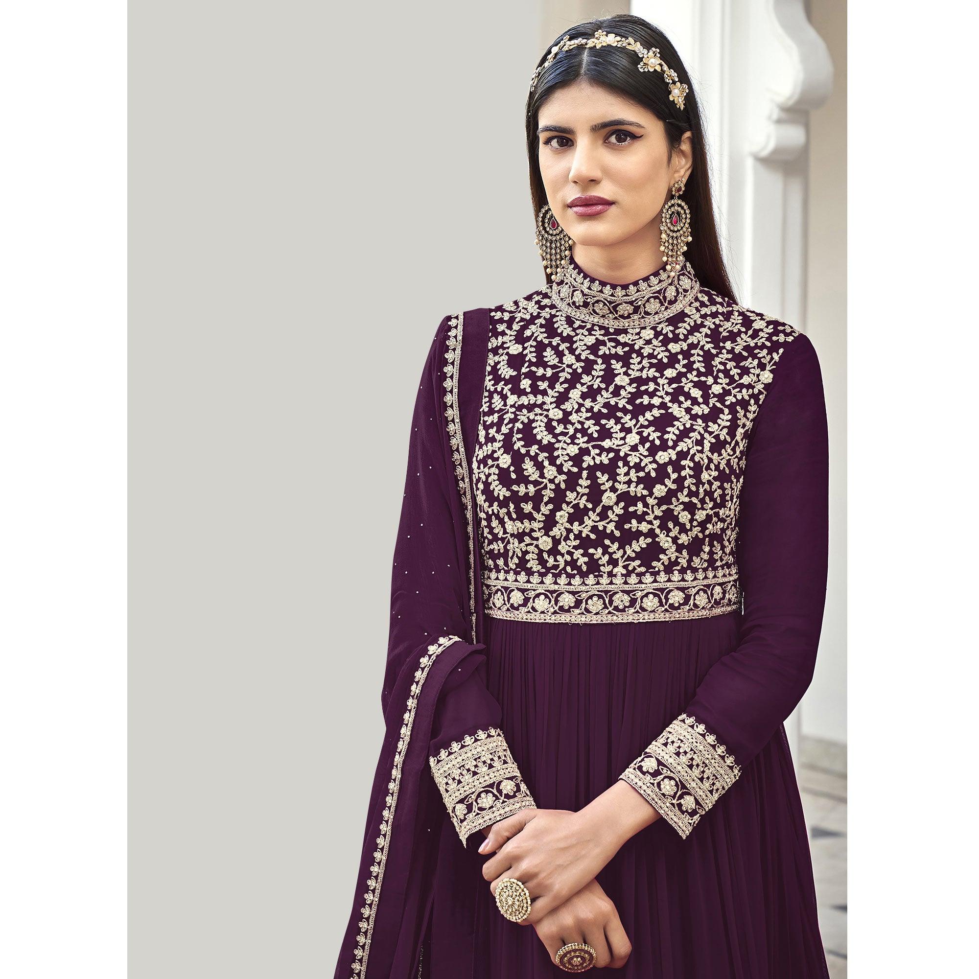Purple Partywear Embroidered Georgette Anarkali Suit - Peachmode