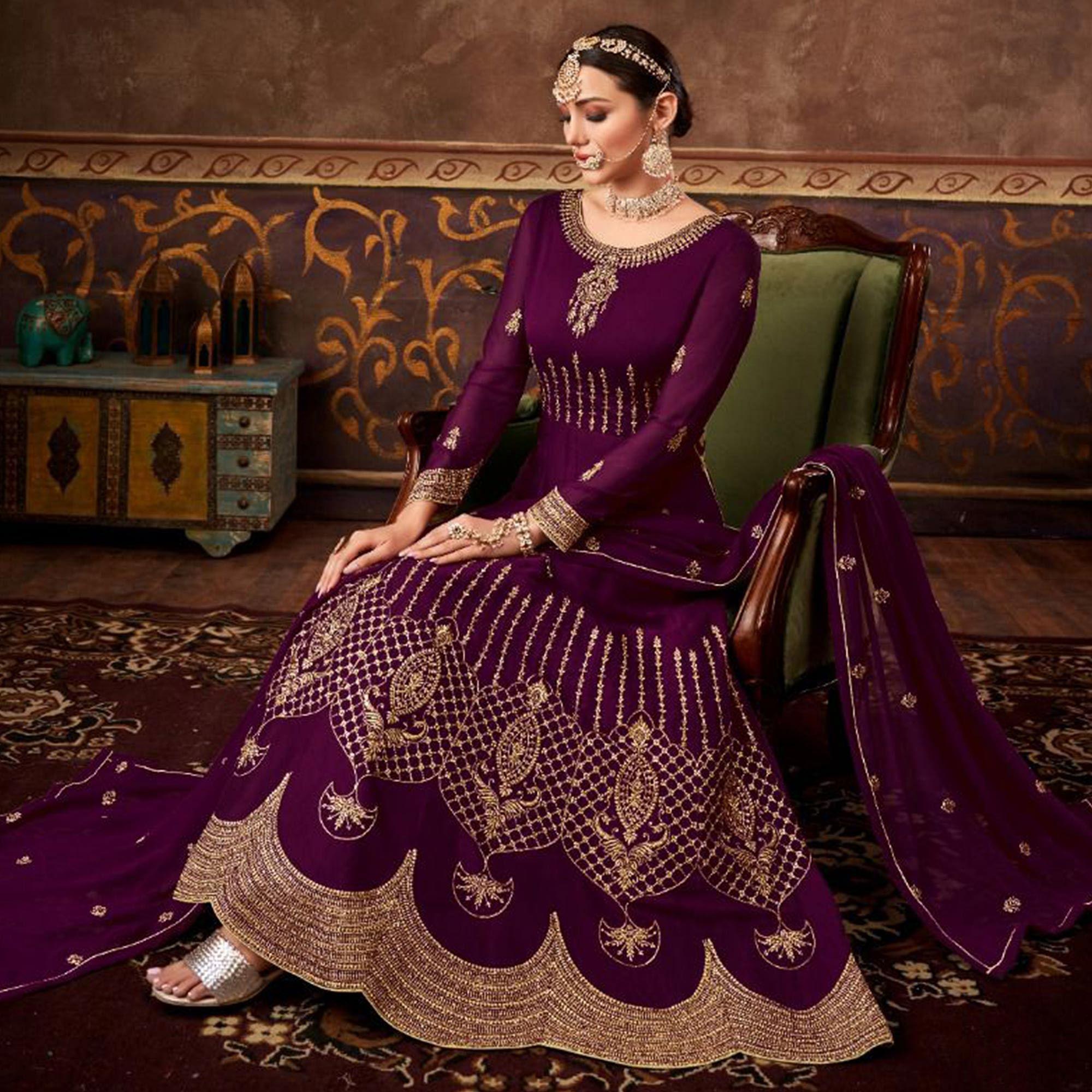 Purple Partywear Embroidered Georgette Anarkali Suit - Peachmode