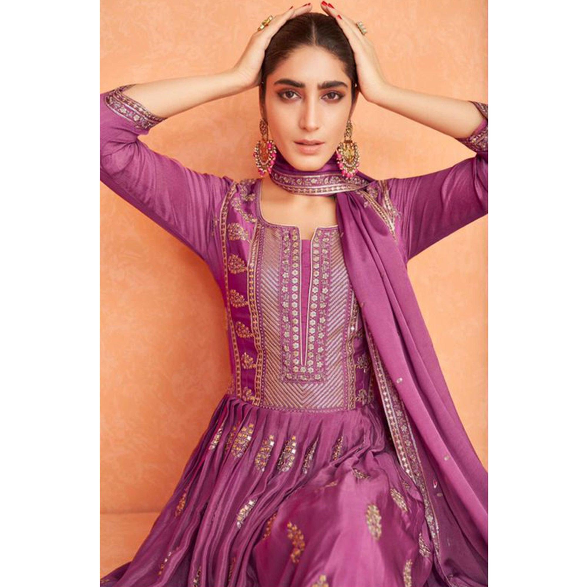 Purple Partywear Embroidered Georgette Anarkali Suit - Peachmode