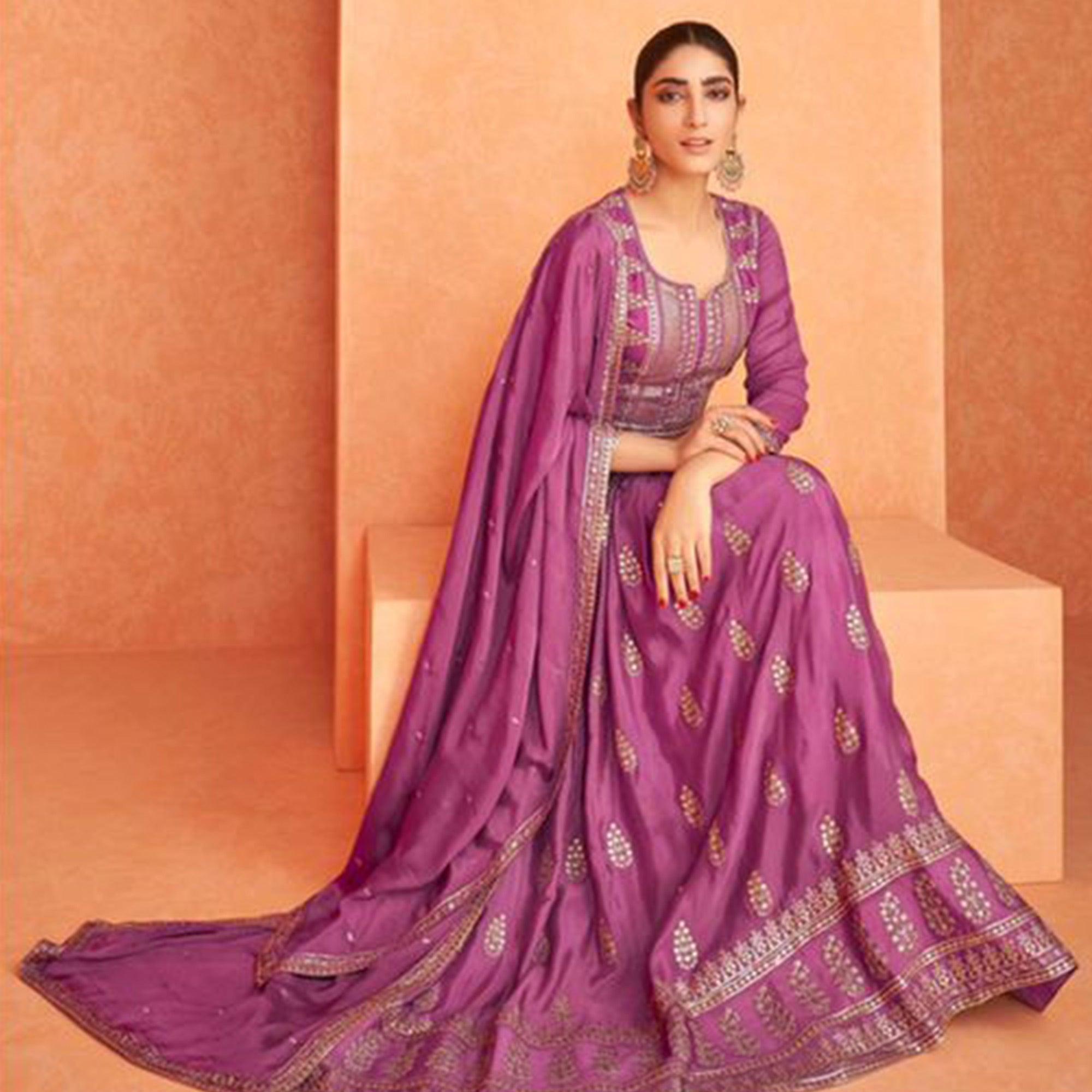 Purple Partywear Embroidered Georgette Anarkali Suit - Peachmode