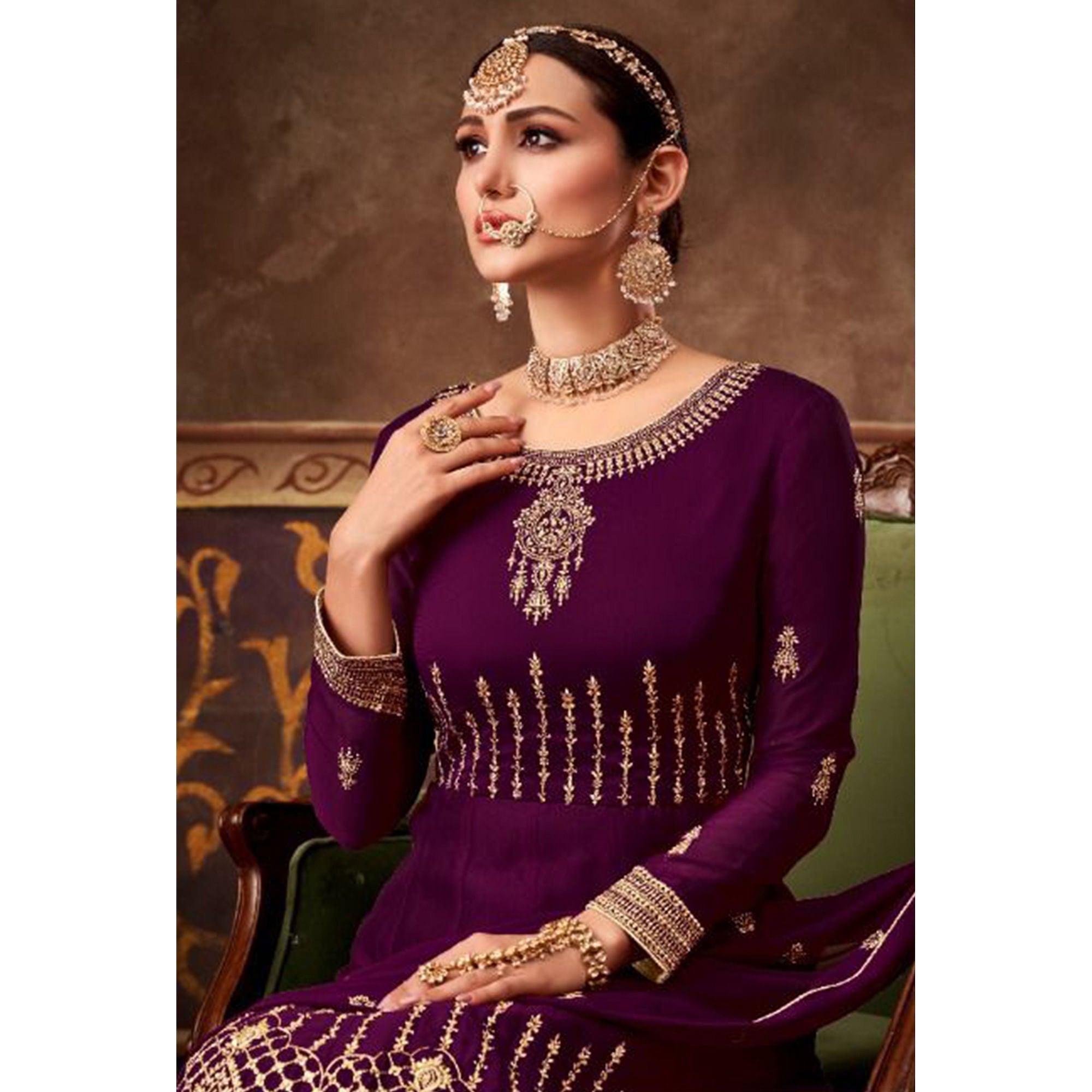 Purple Partywear Embroidered Georgette Anarkali Suit - Peachmode