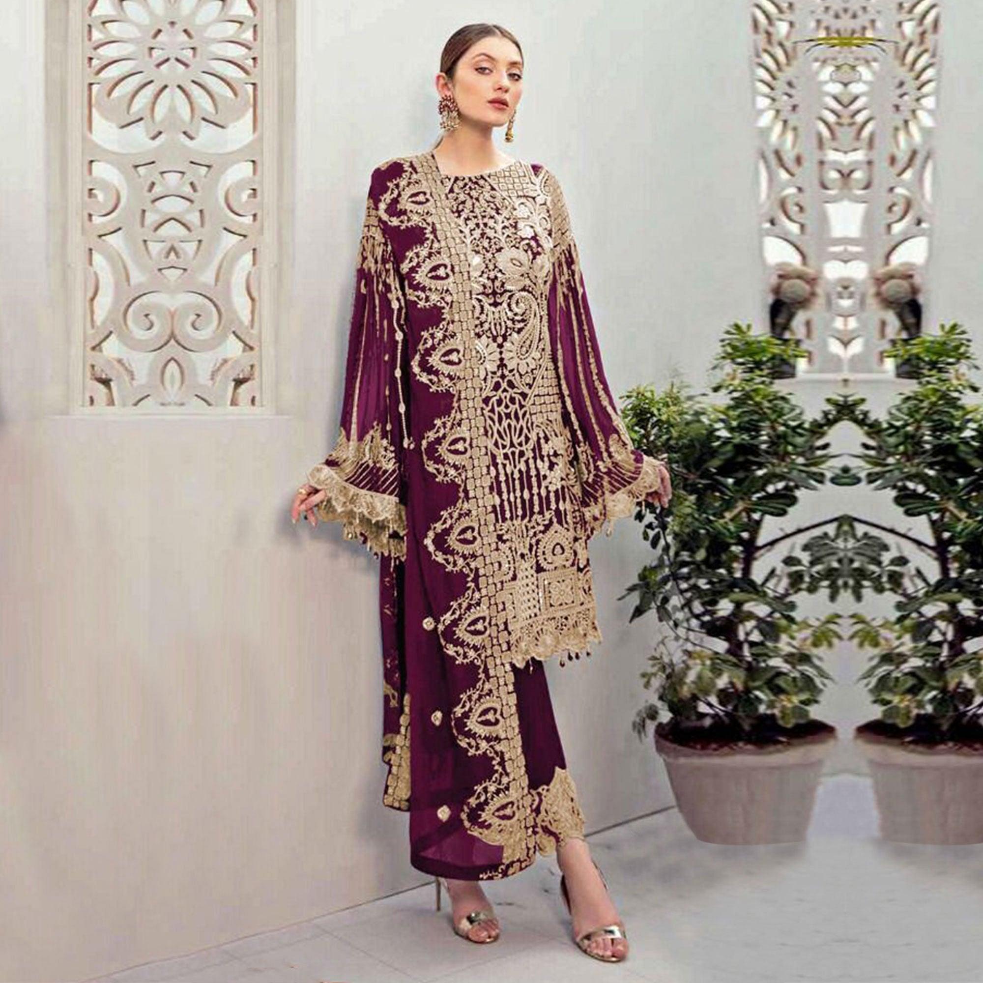 Purple Partywear Embroidered Georgette Pakistani Suit - Peachmode