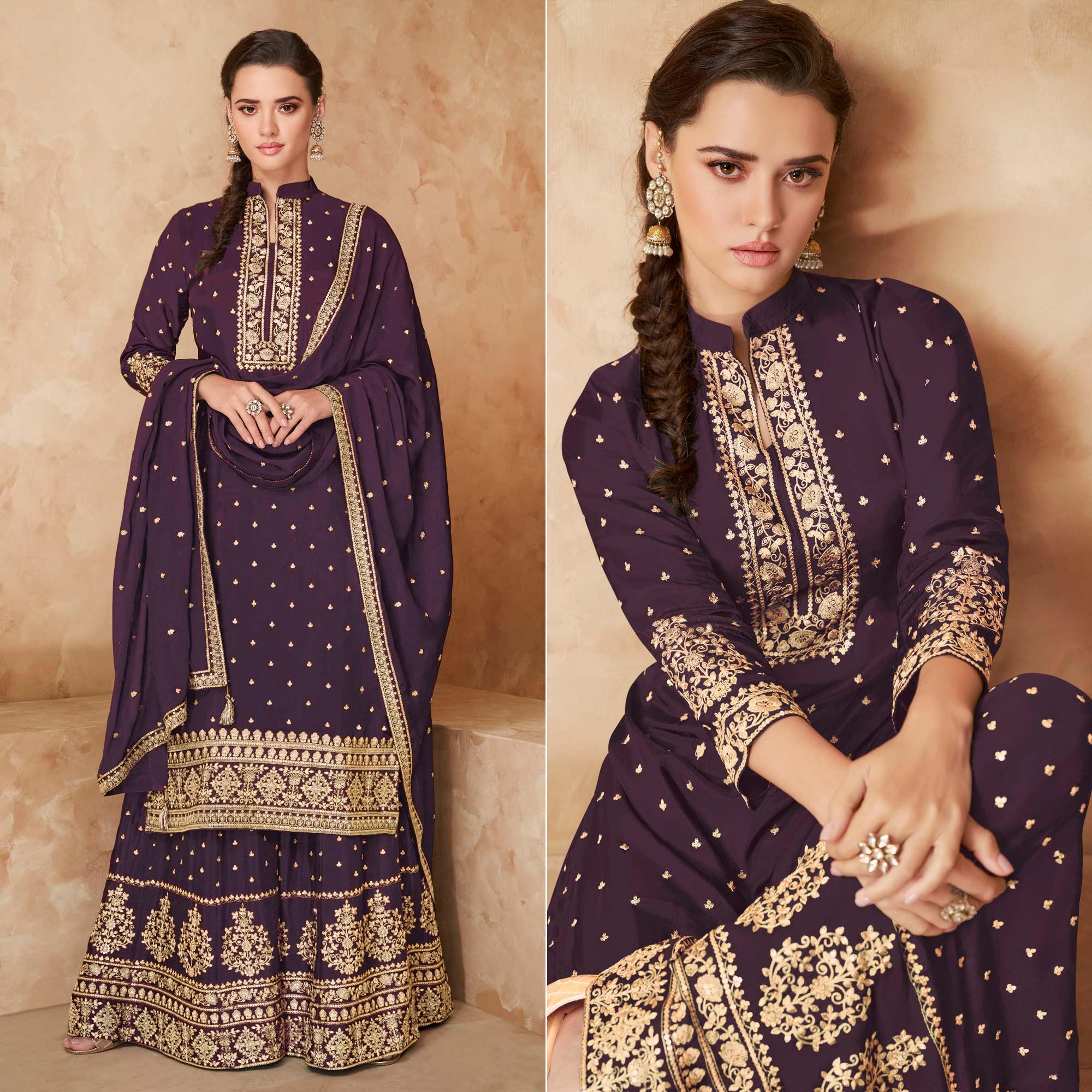 Purple Partywear Embroidered Georgette Palazzo Suit - Peachmode