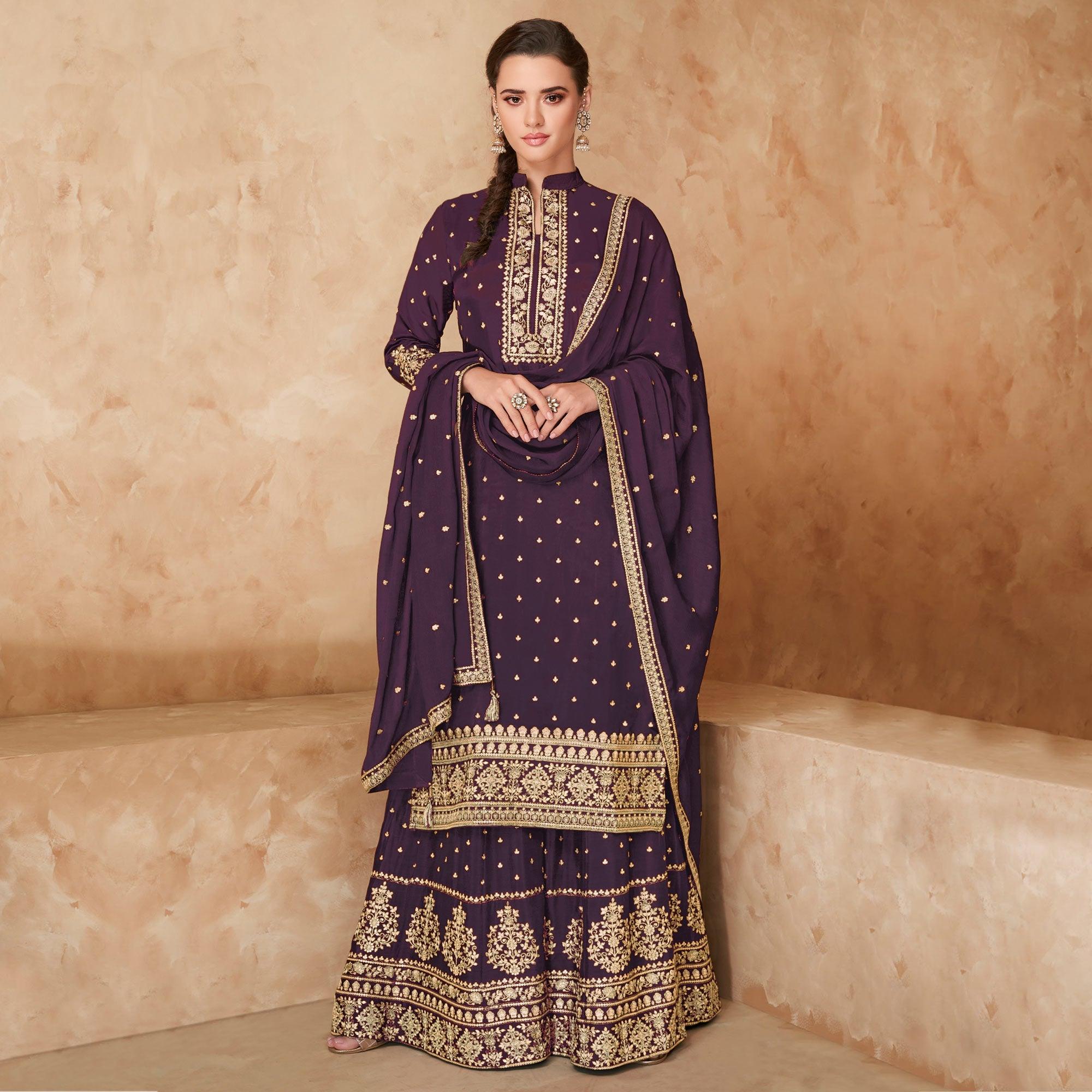 Purple Partywear Embroidered Georgette Palazzo Suit - Peachmode