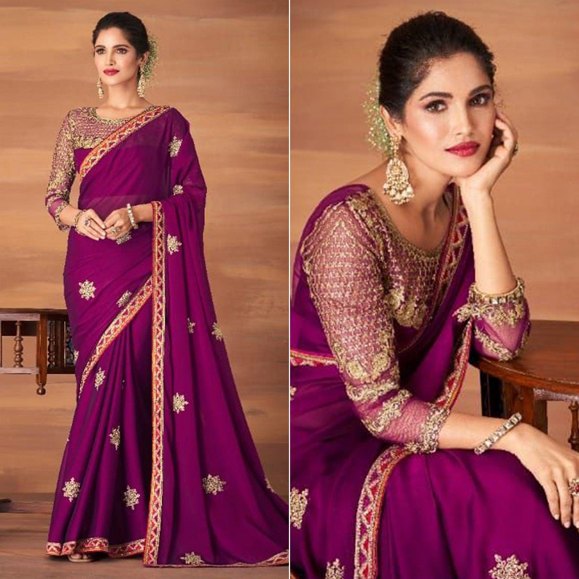 Purple Partywear Embroidered Georgette Saree - Peachmode