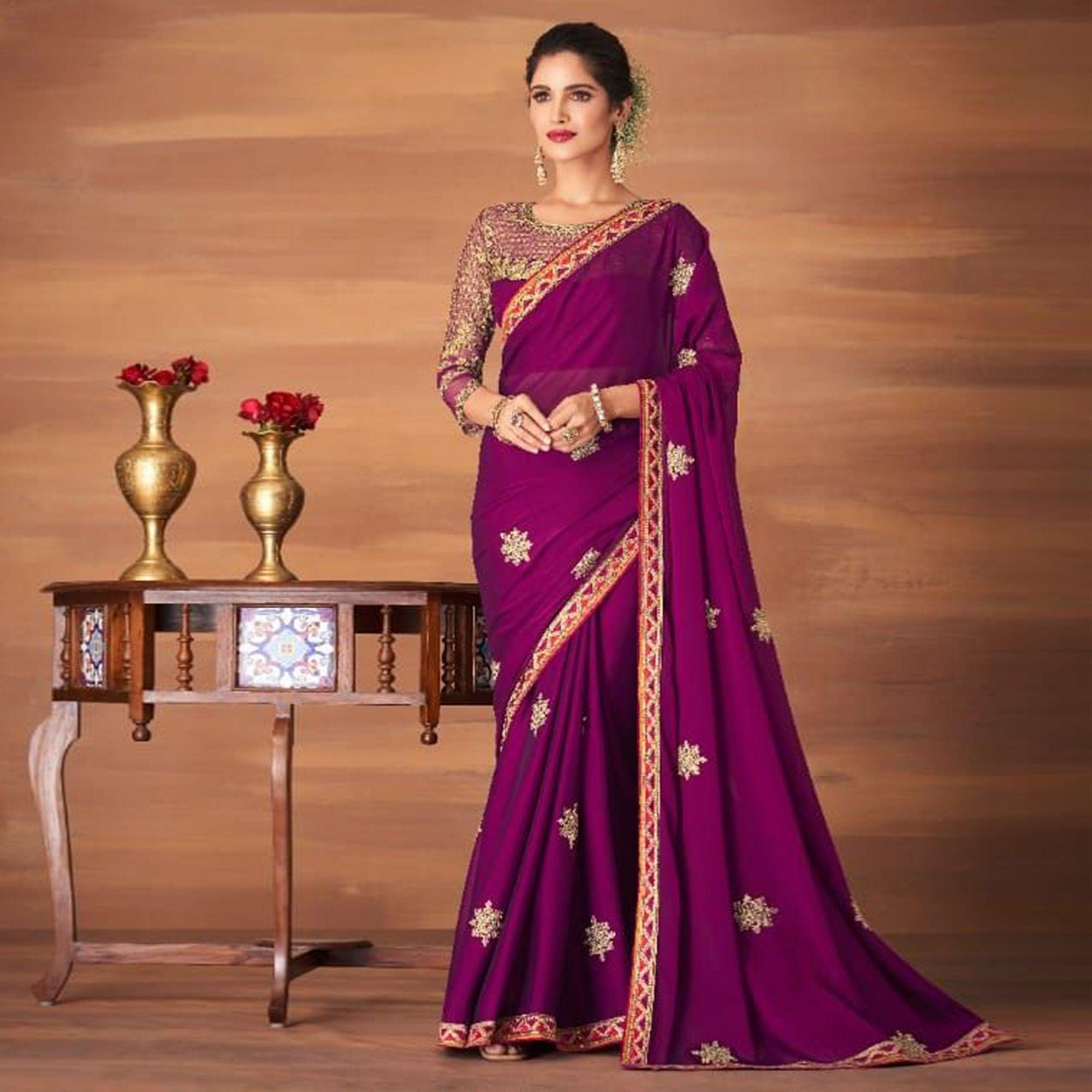 Purple Partywear Embroidered Georgette Saree - Peachmode