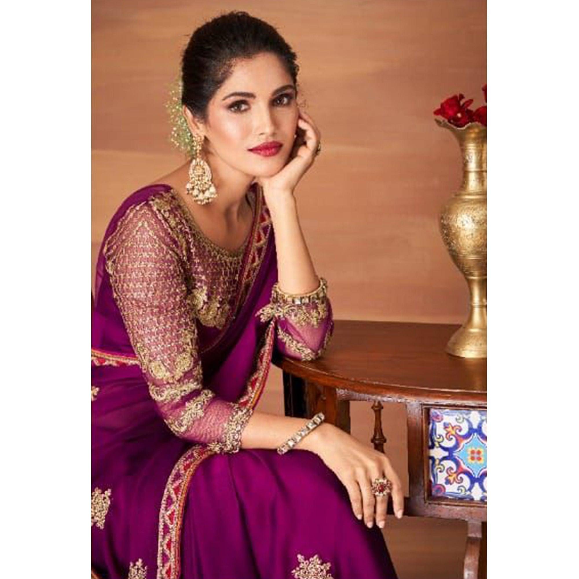 Purple Partywear Embroidered Georgette Saree - Peachmode