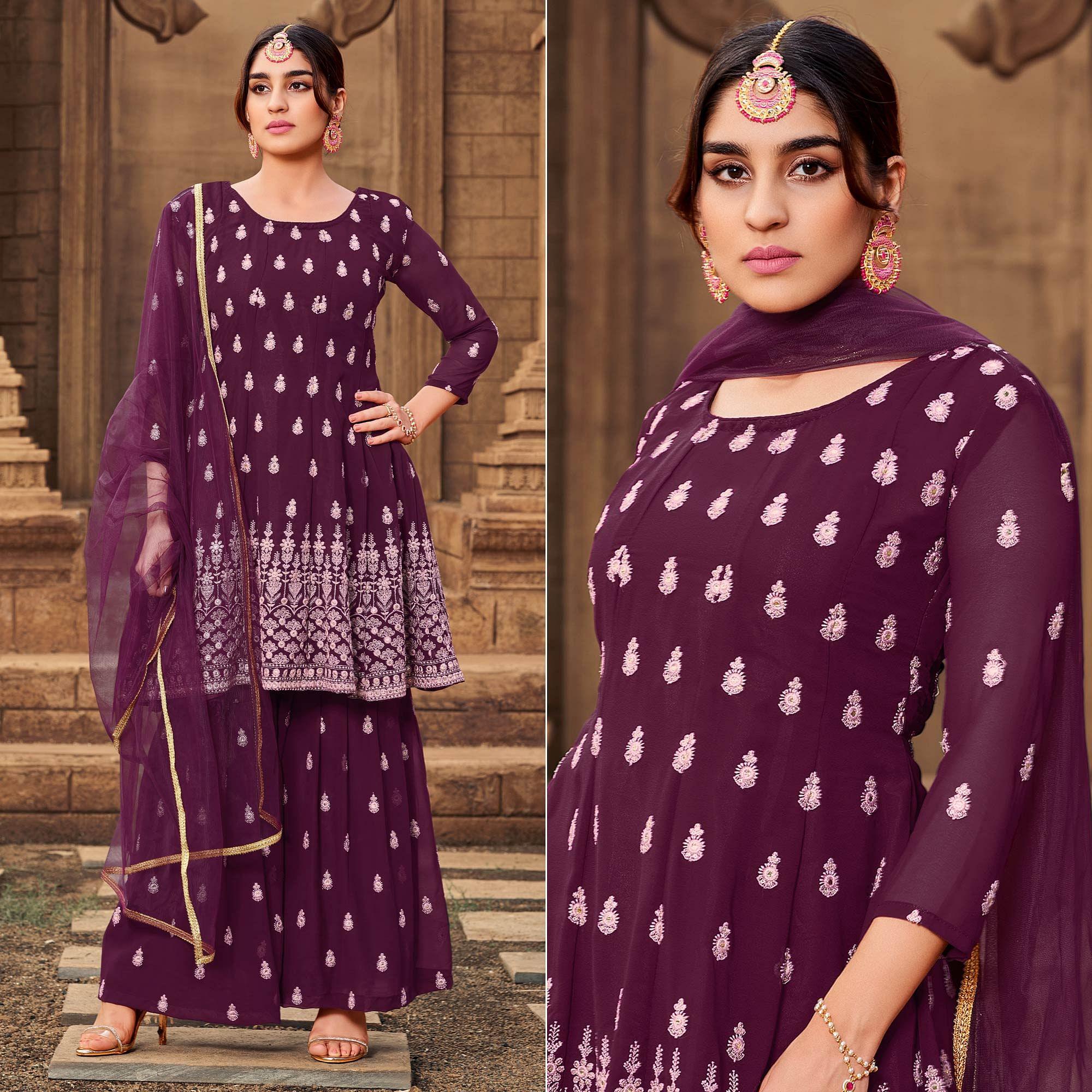 Purple Partywear Embroidered Georgette Sharara Suit - Peachmode