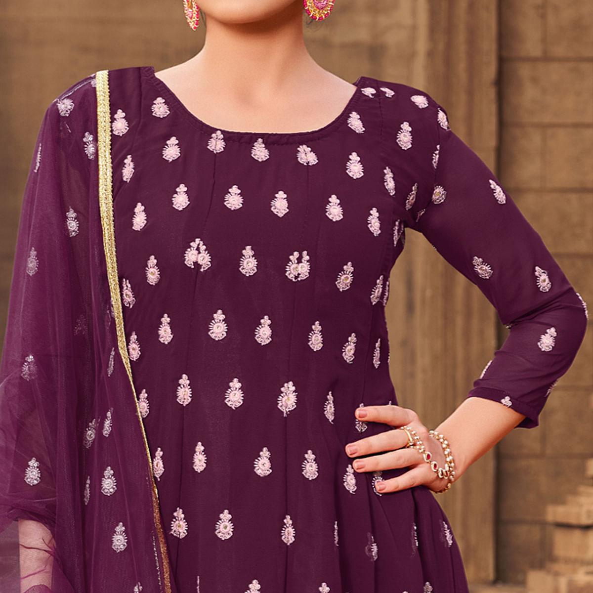 Purple Partywear Embroidered Georgette Sharara Suit - Peachmode