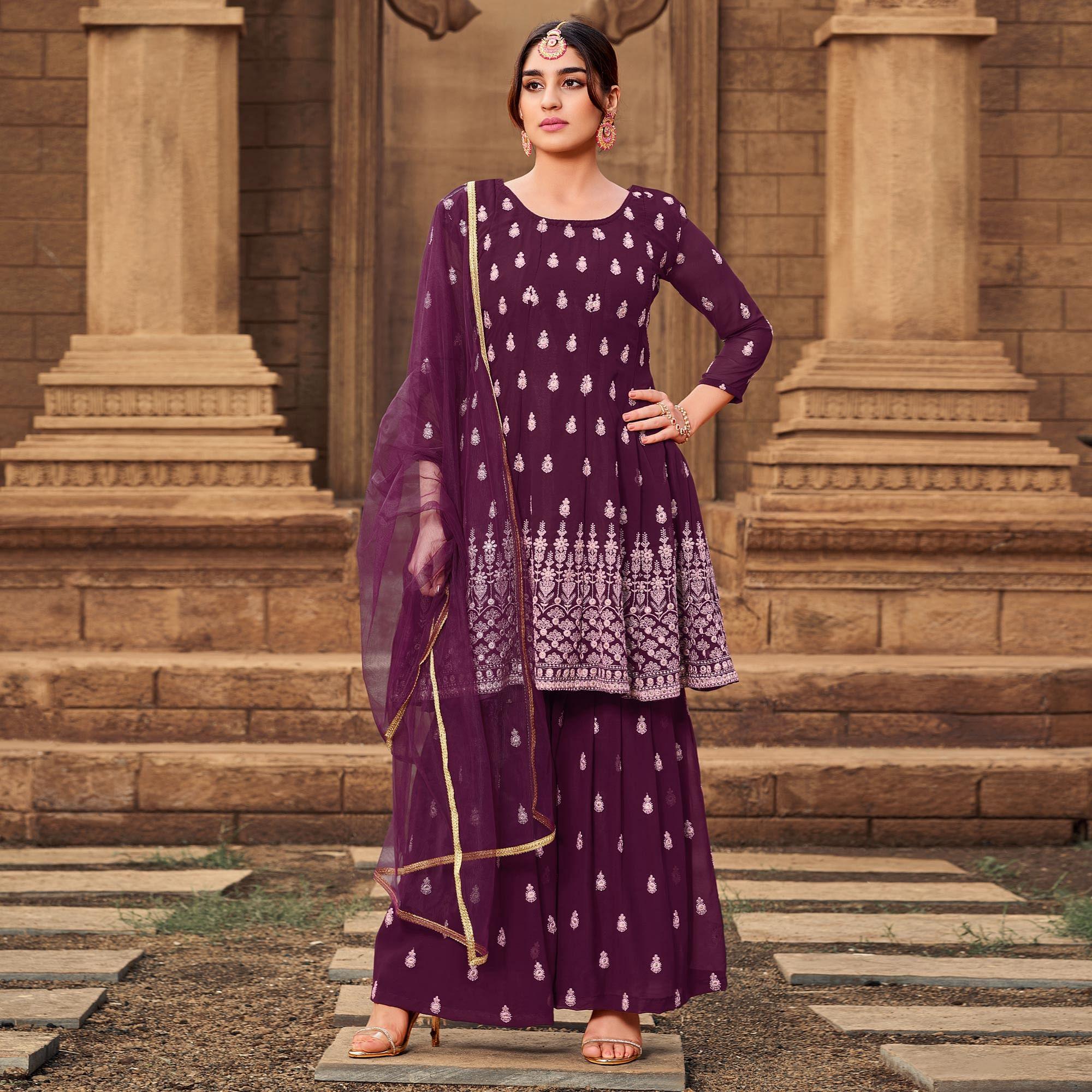 Purple Partywear Embroidered Georgette Sharara Suit - Peachmode