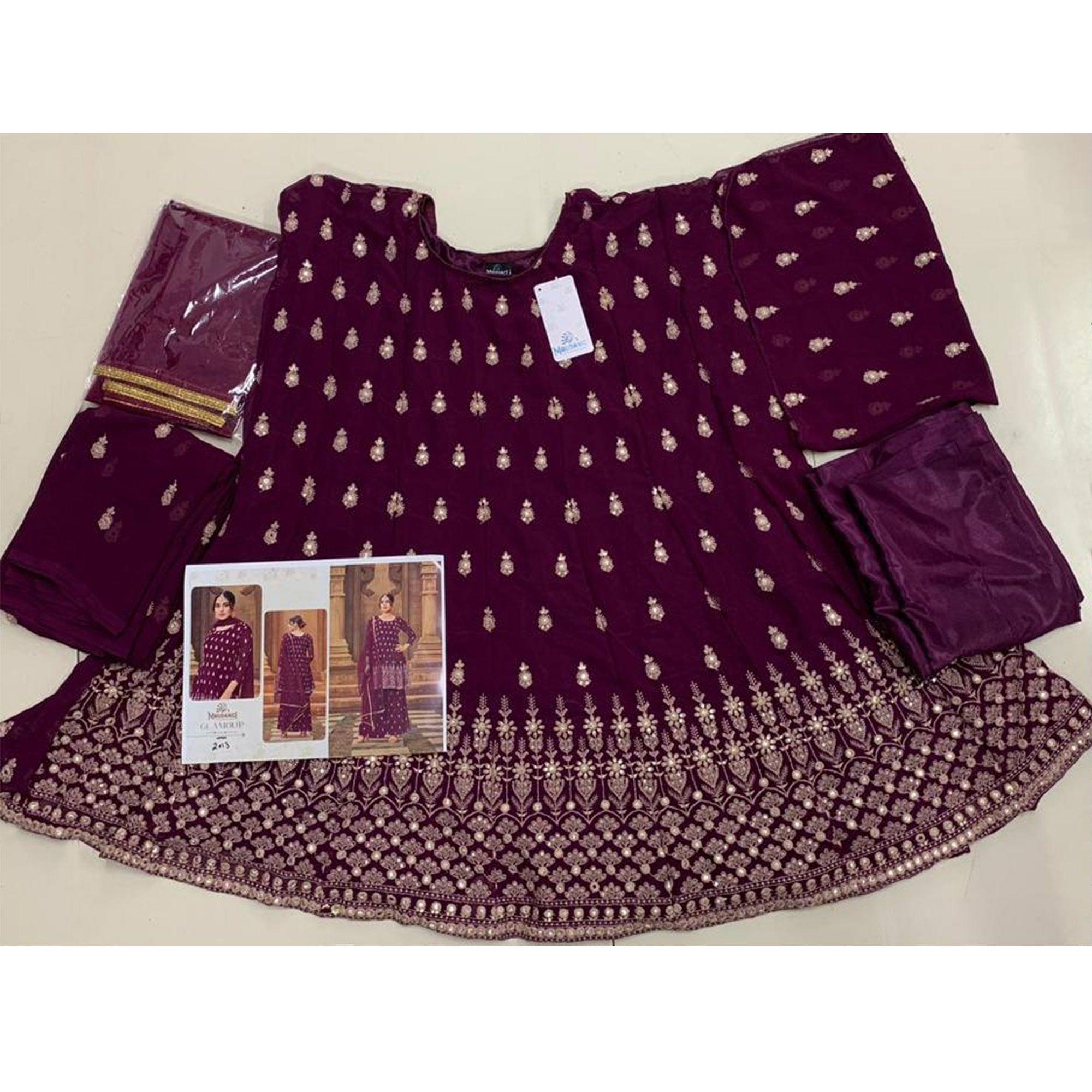 Purple Partywear Embroidered Georgette Sharara Suit - Peachmode