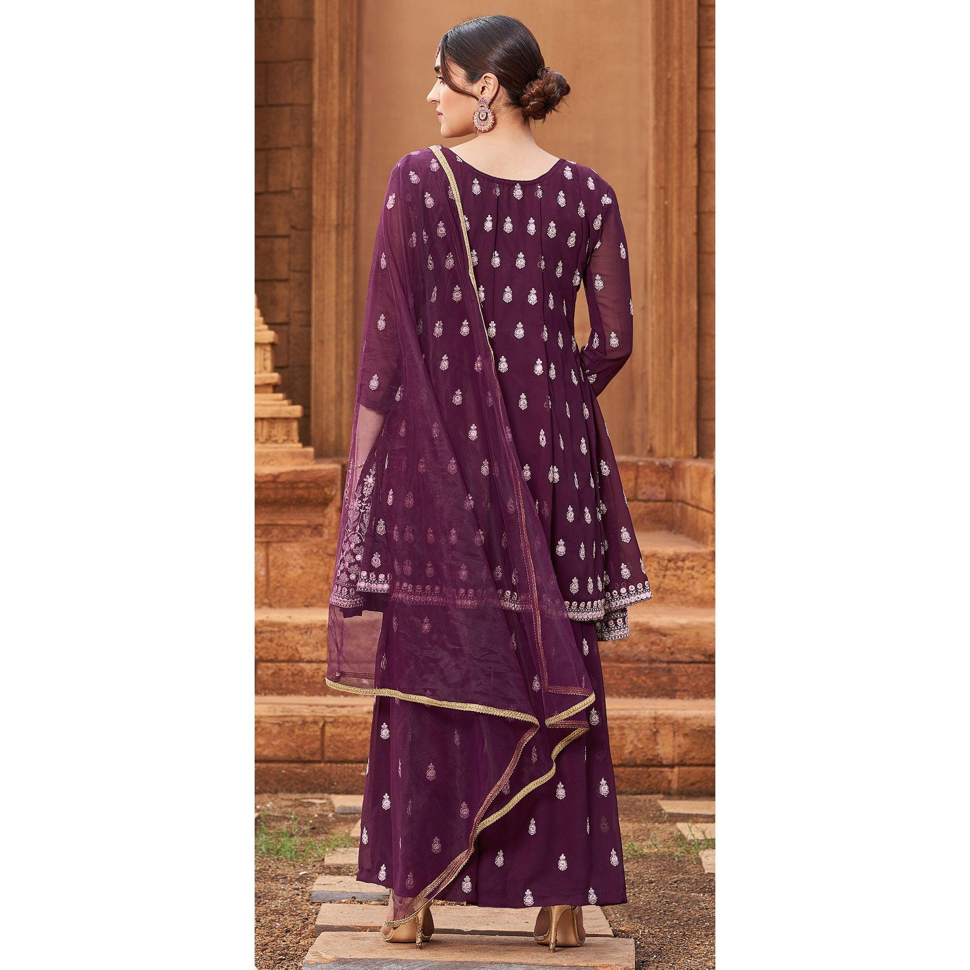 Purple Partywear Embroidered Georgette Sharara Suit - Peachmode